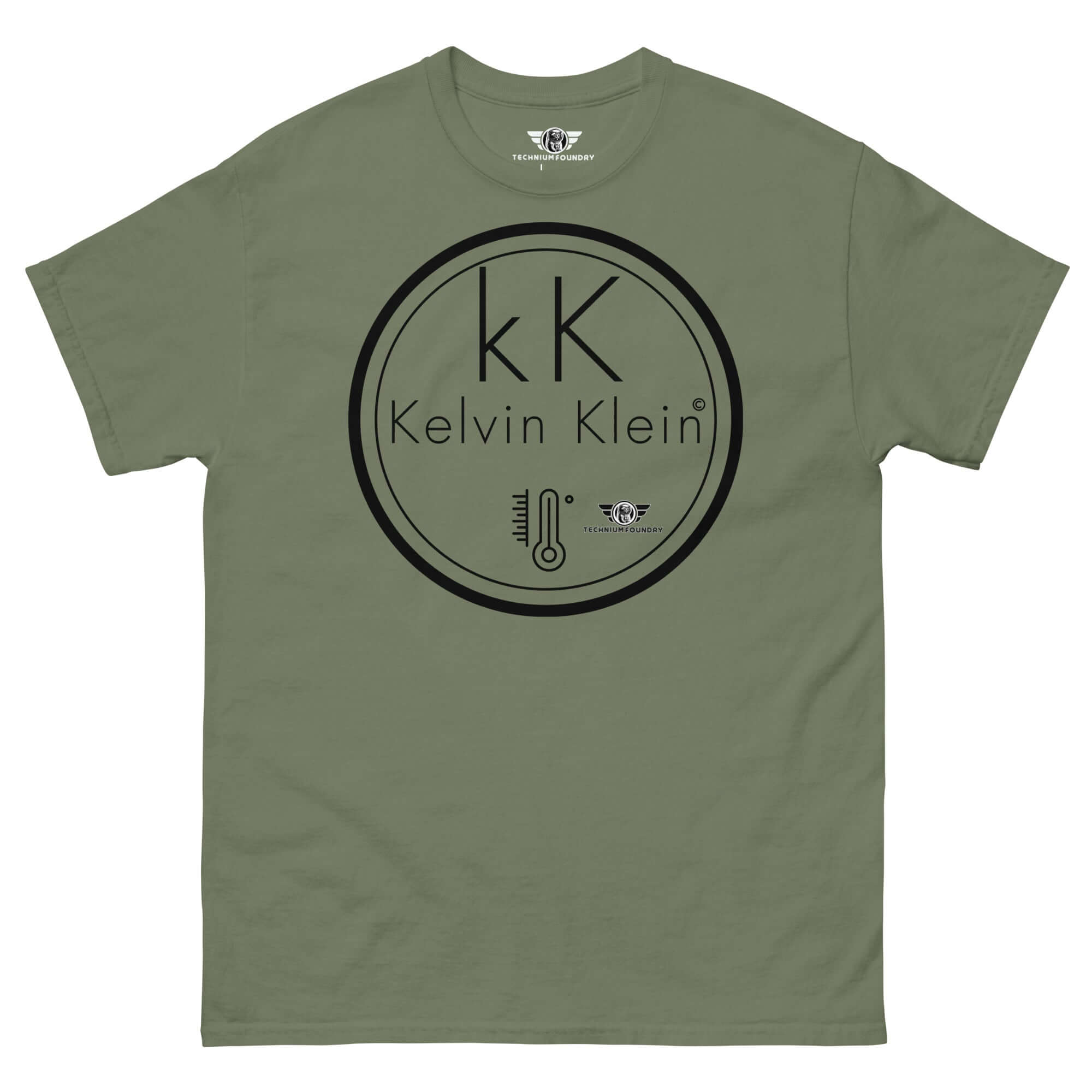 Olive green Kelvin Klein Temperature Scale T-Shirt with scientific humor design, featuring a thermometer icon and monogram logo.