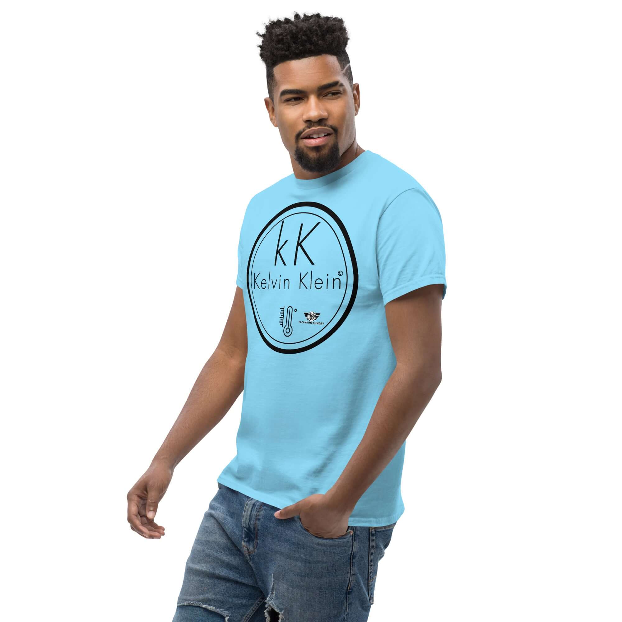 Man wearing a blue Kelvin Klein Temperature Scale Fashion Parody T-shirt with a scientific humor design.