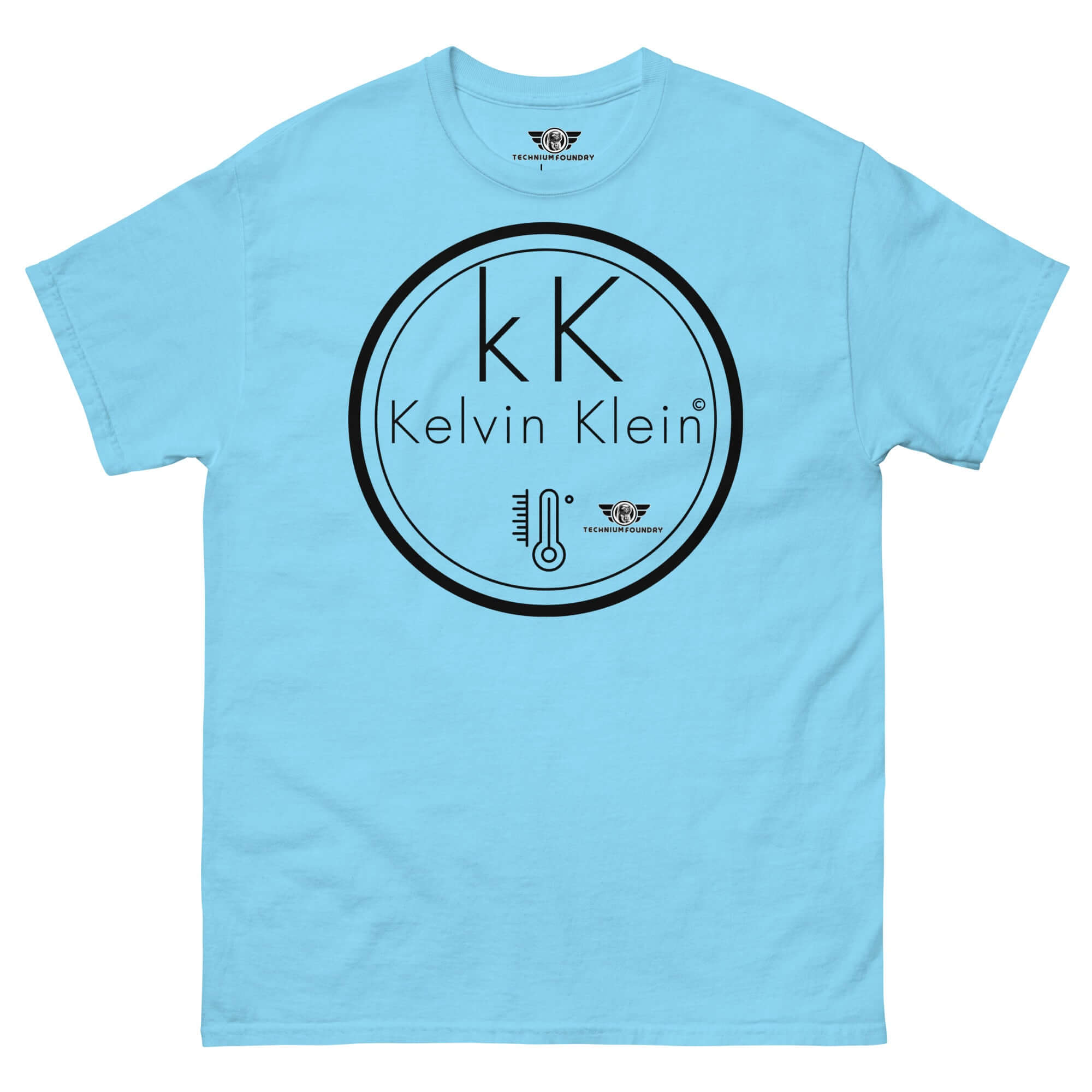 Kelvin Klein Temperature Scale Fashion Parody T-Shirt with thermometer icon, blending scientific humor with minimalist design.