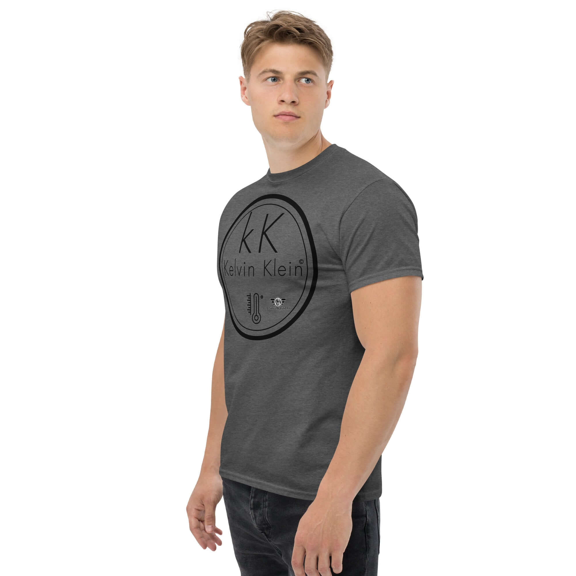 Man wears Kelvin Klein Temperature Scale parody T-shirt featuring a thermometer icon, blending scientific humor with fashion.