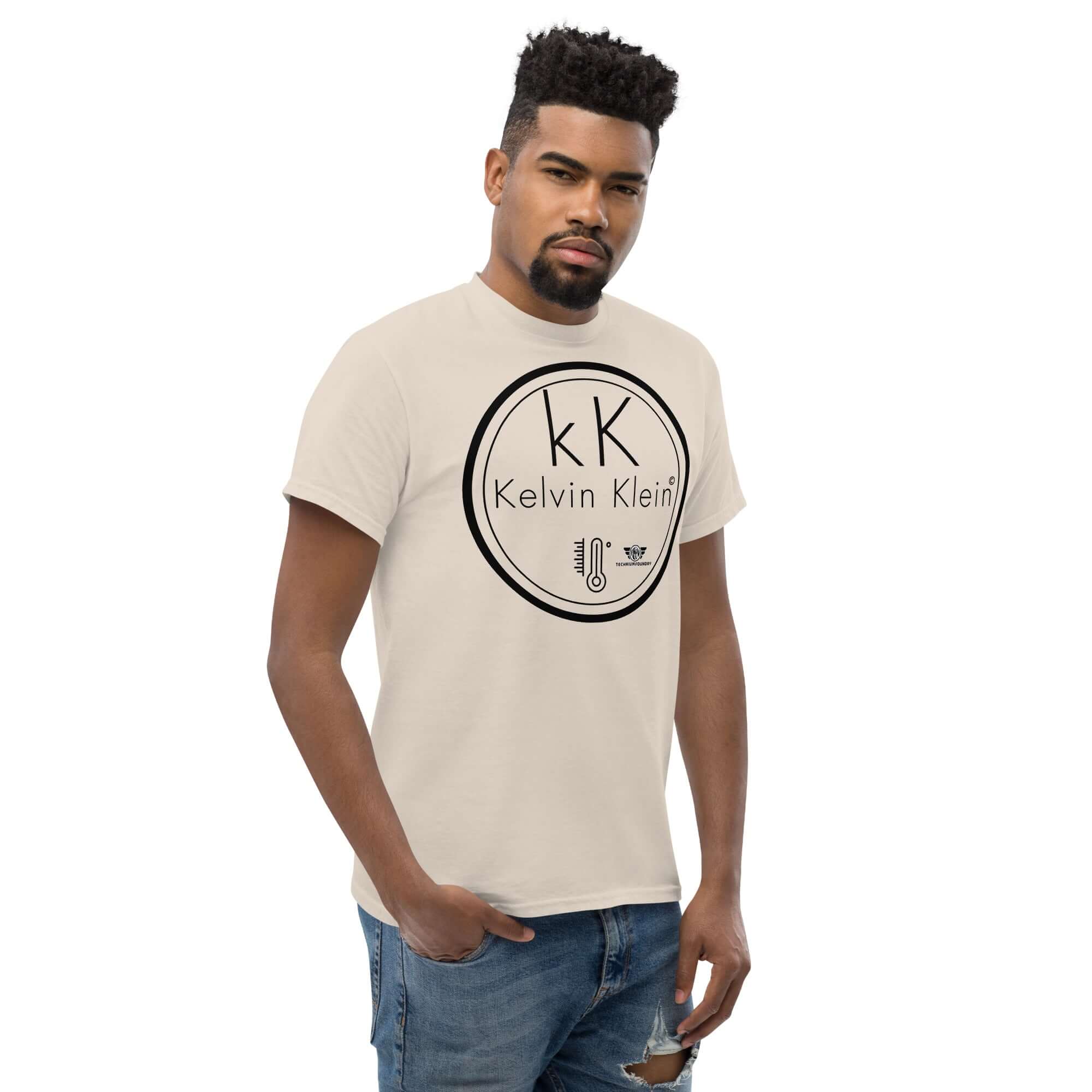 Man wearing Kelvin Klein Temperature Scale Parody T-Shirt, featuring a minimalist thermometer monogram, blending science and fashion.
