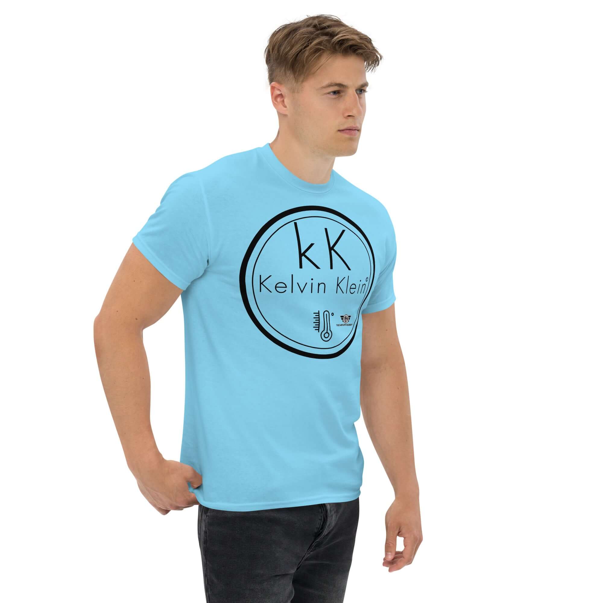 Man wearing Kelvin Klein Temperature Scale parody t-shirt in blue with scientific humor design and minimalist thermometer icon.