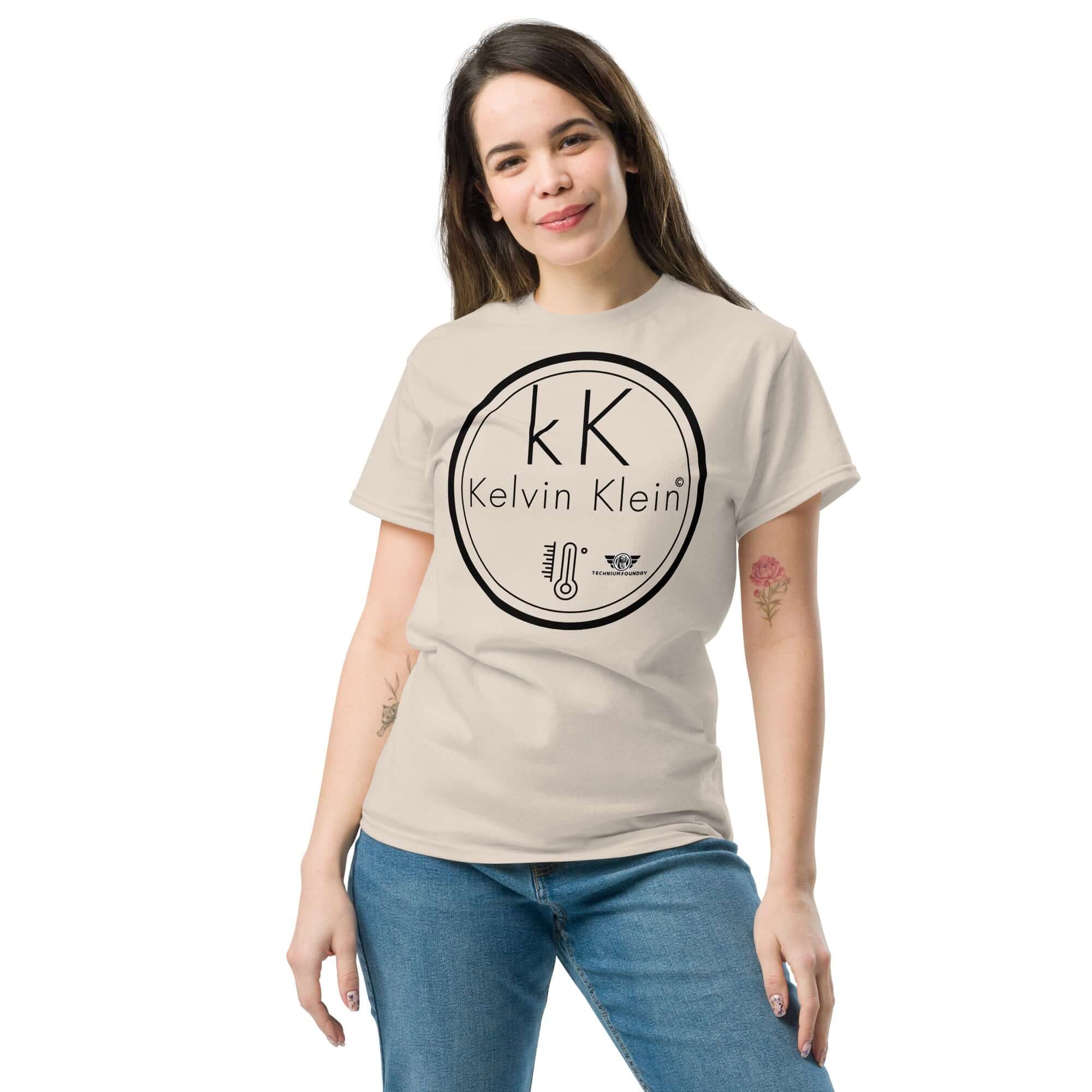 Woman wearing Kelvin Klein Temperature Scale Parody T-Shirt featuring thermometer icon, blending scientific humor and fashion.