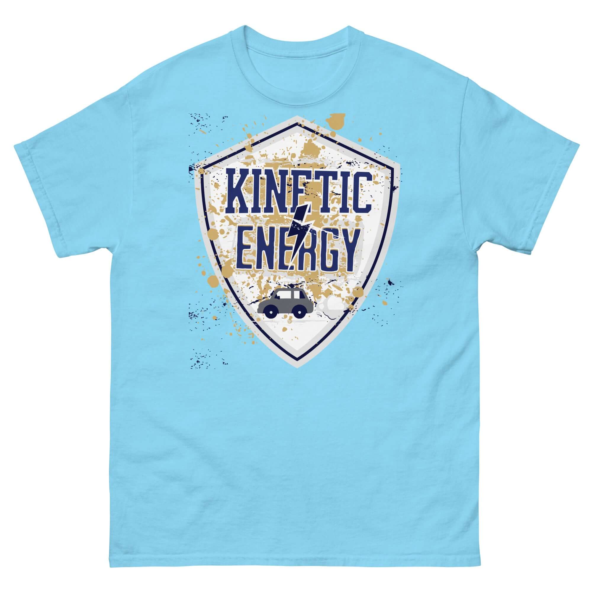 Light blue t-shirt featuring a distressed shield with 'Kinetic Energy' text and small car illustration symbolizing 1/2mv² physics formula.