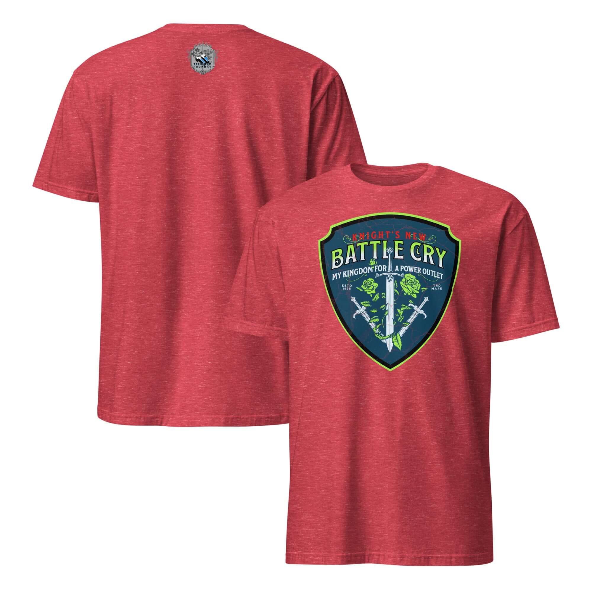 Red Knight's New Battle Cry T-Shirt with shield design, featuring crossed swords and roses, blending medieval humor with modern tech.
