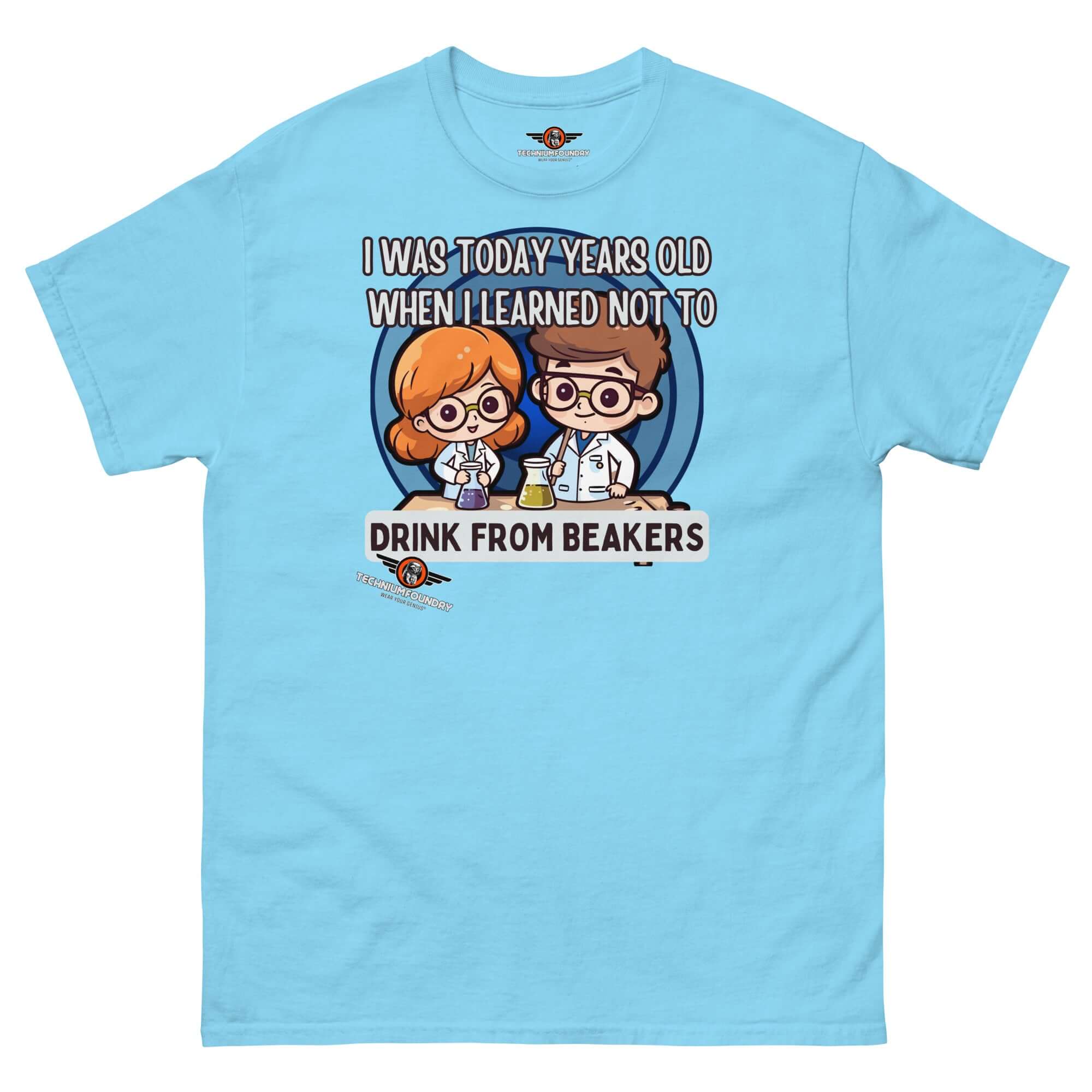 Blue t-shirt with 'Don't Drink from Beakers' chemistry humor design featuring kawaii chibi scientists.