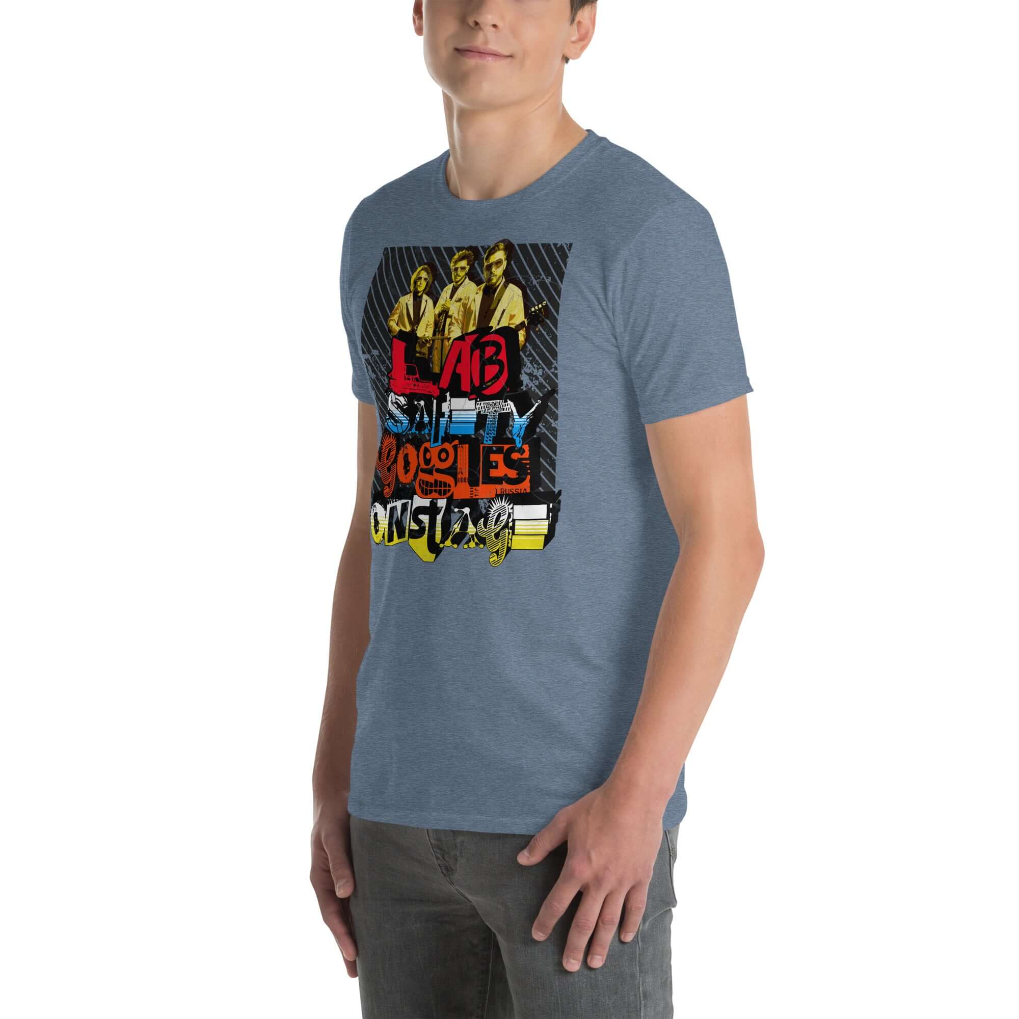 Man wearing Lab Safety Goggles Onstage T-Shirt featuring vintage science rock band design, merging safety with style.