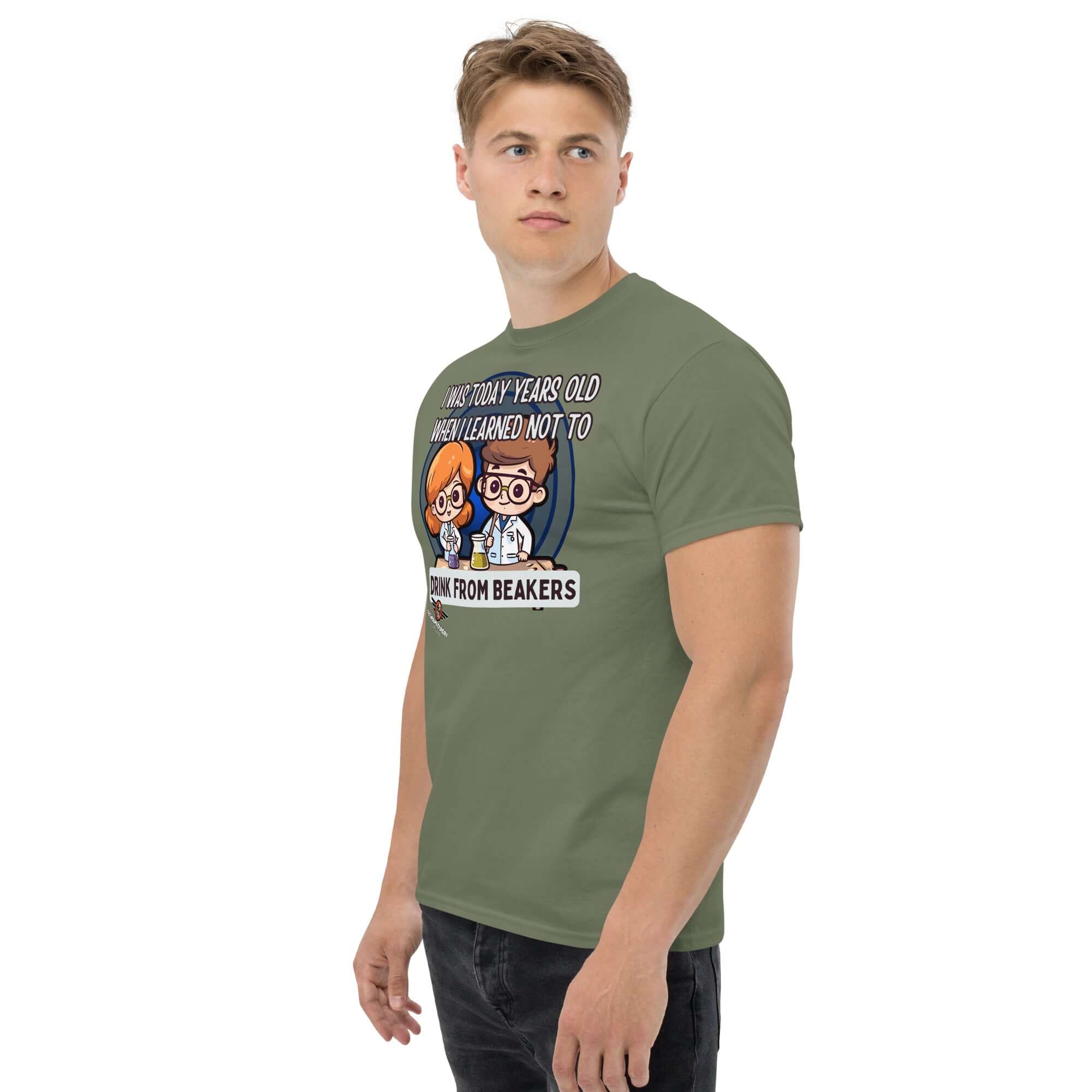Green "I Was Today Years Old" lab safety t-shirt featuring kawaii chibi scientists and beaker safety message worn by a model.