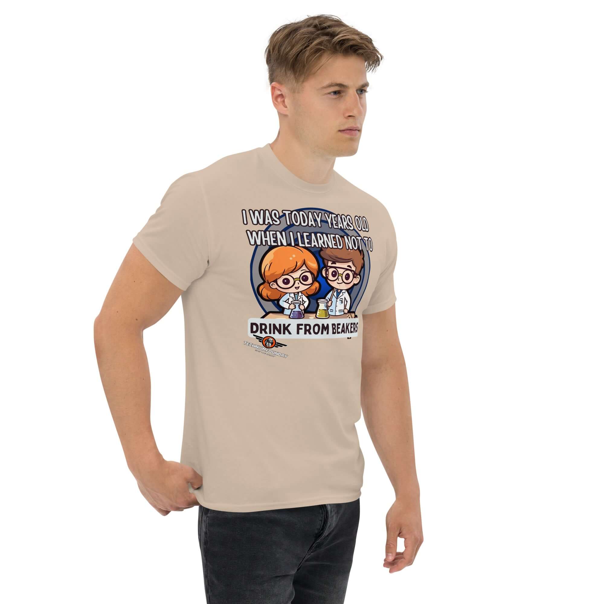 "I Was Today Years Old" lab safety t-shirt with chibi scientists and chemistry humor warning