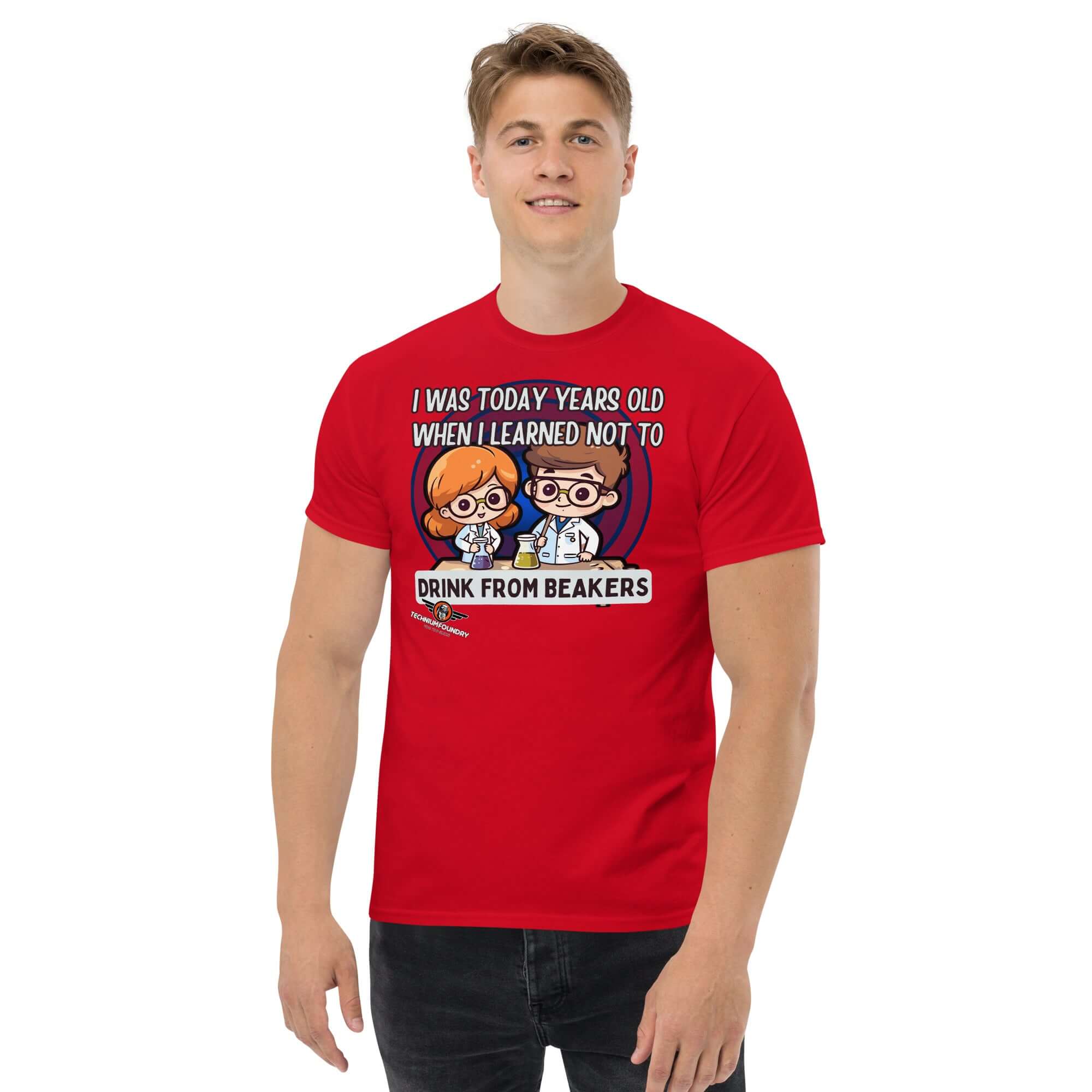 "Don't Drink from Beakers" T-shirt featuring kawaii lab scientists, perfect for chemistry humor enthusiasts and laboratory safety.
