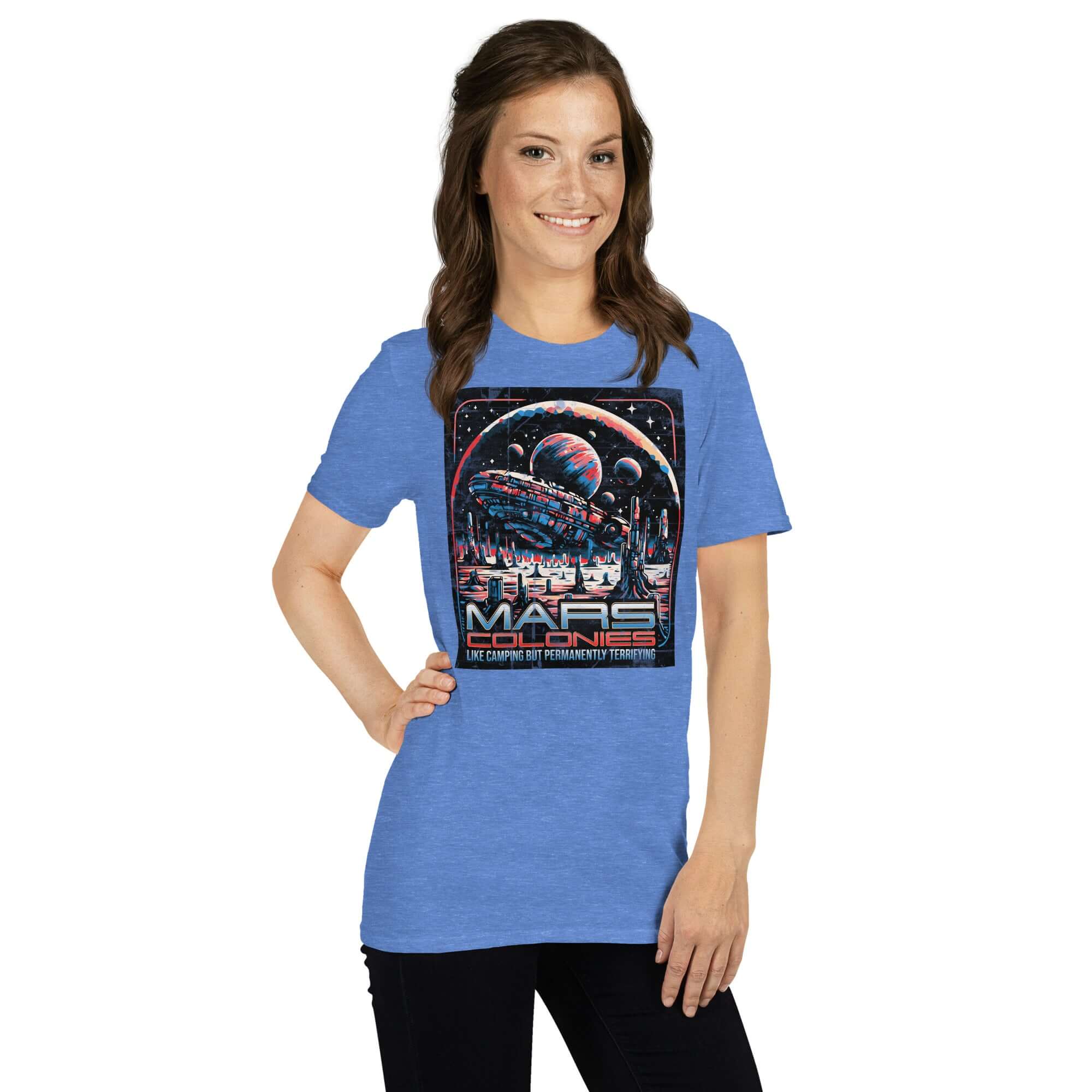 Mars Colonies T-Shirt featuring a retro-futuristic colony ship design, worn by a woman, highlighting an off-world adventure theme.