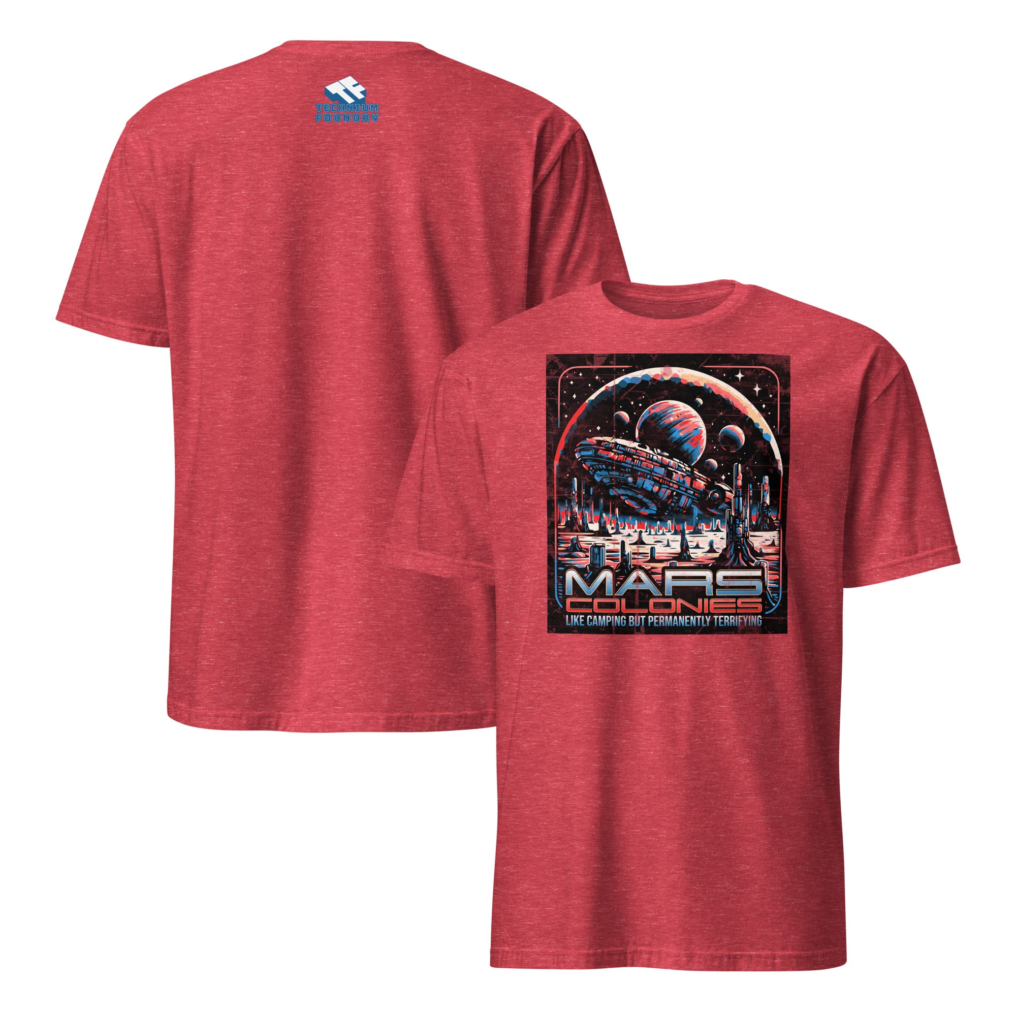Red Mars Colonies T-shirt featuring retro-futuristic design with hovering colony ship, themed 'Like Camping But Permanently Terrifying'.