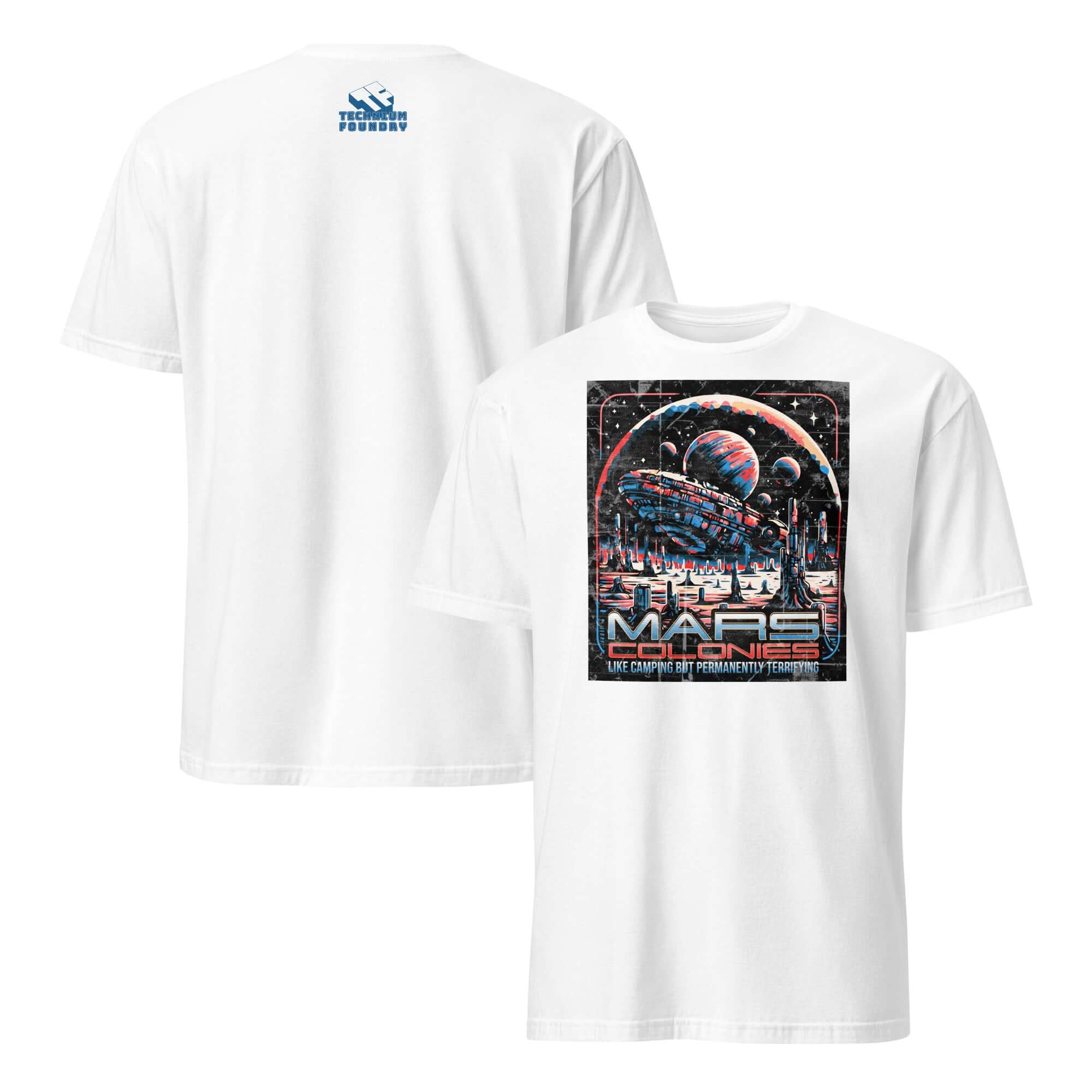 White "Mars Colonies" T-shirt featuring a retro-futuristic design of a hovering colony ship on a Mars backdrop, perfect for space enthusiasts.