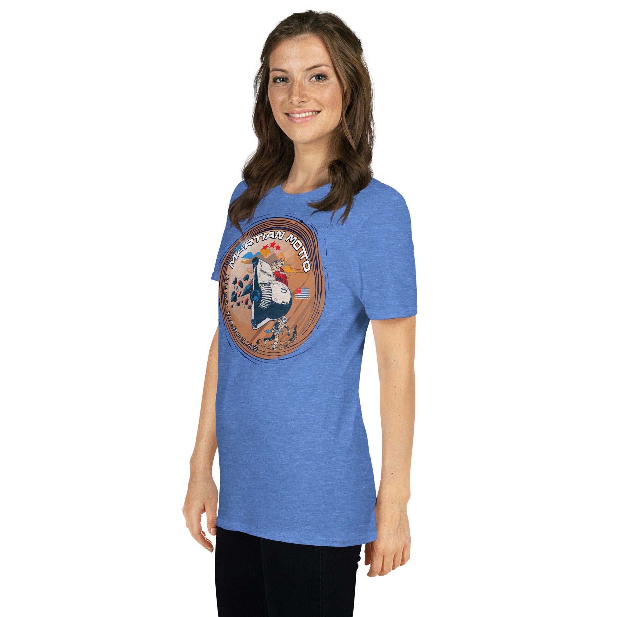 Woman wearing Martian Motto T-Shirt with Mars mission patch design, perfect for space exploration and colonization enthusiasts.