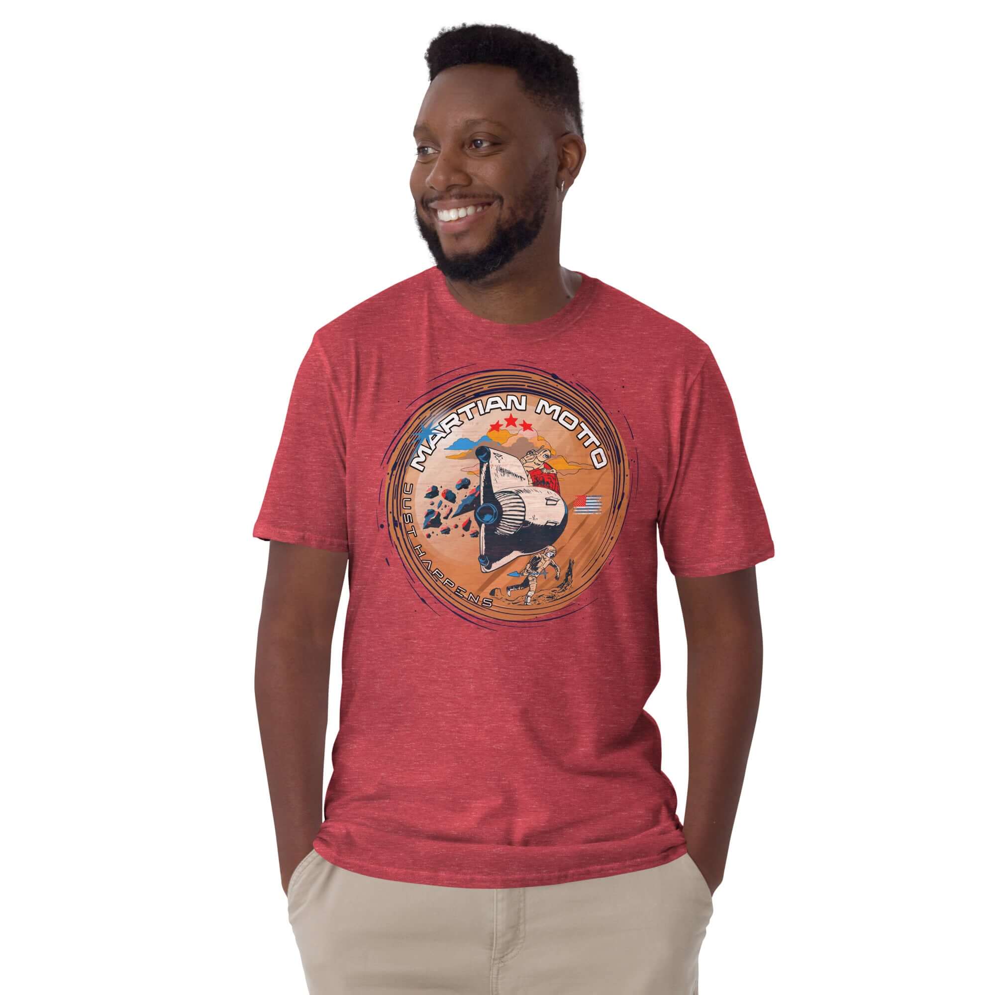 Red "Martian Motto: Dust Happens" t-shirt with Mars mission patch and astronaut design, perfect for space enthusiasts.