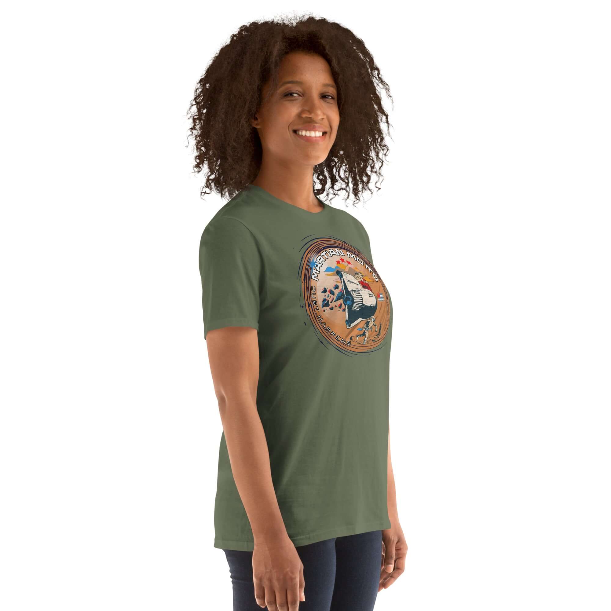 Smiling person wearing green Martian Motto T-Shirt featuring Mars mission patch design for space exploration enthusiasts.
