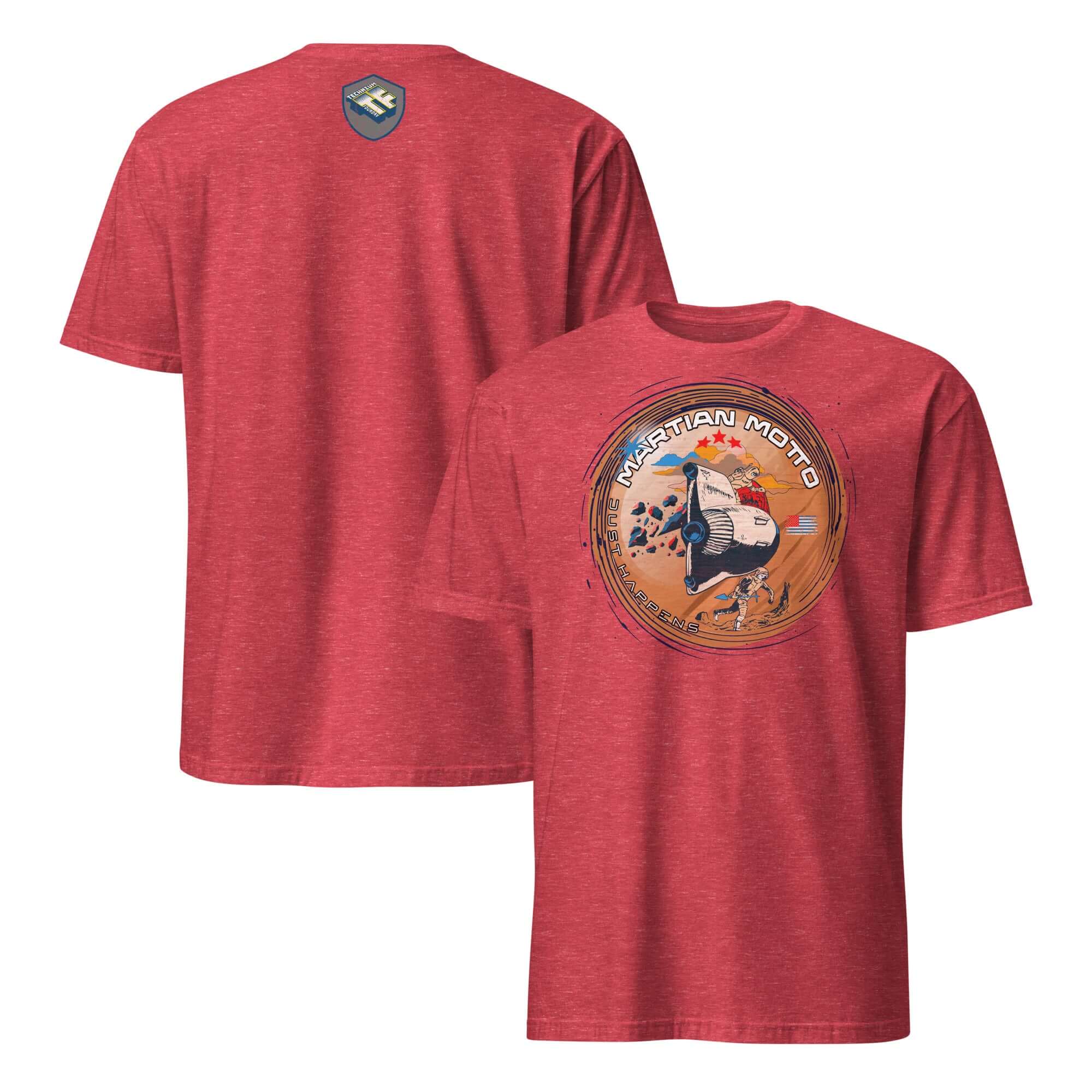 Martian Motto T-Shirt featuring vintage Mars mission patch with astronaut and red landscape design, perfect for space colonization fans.