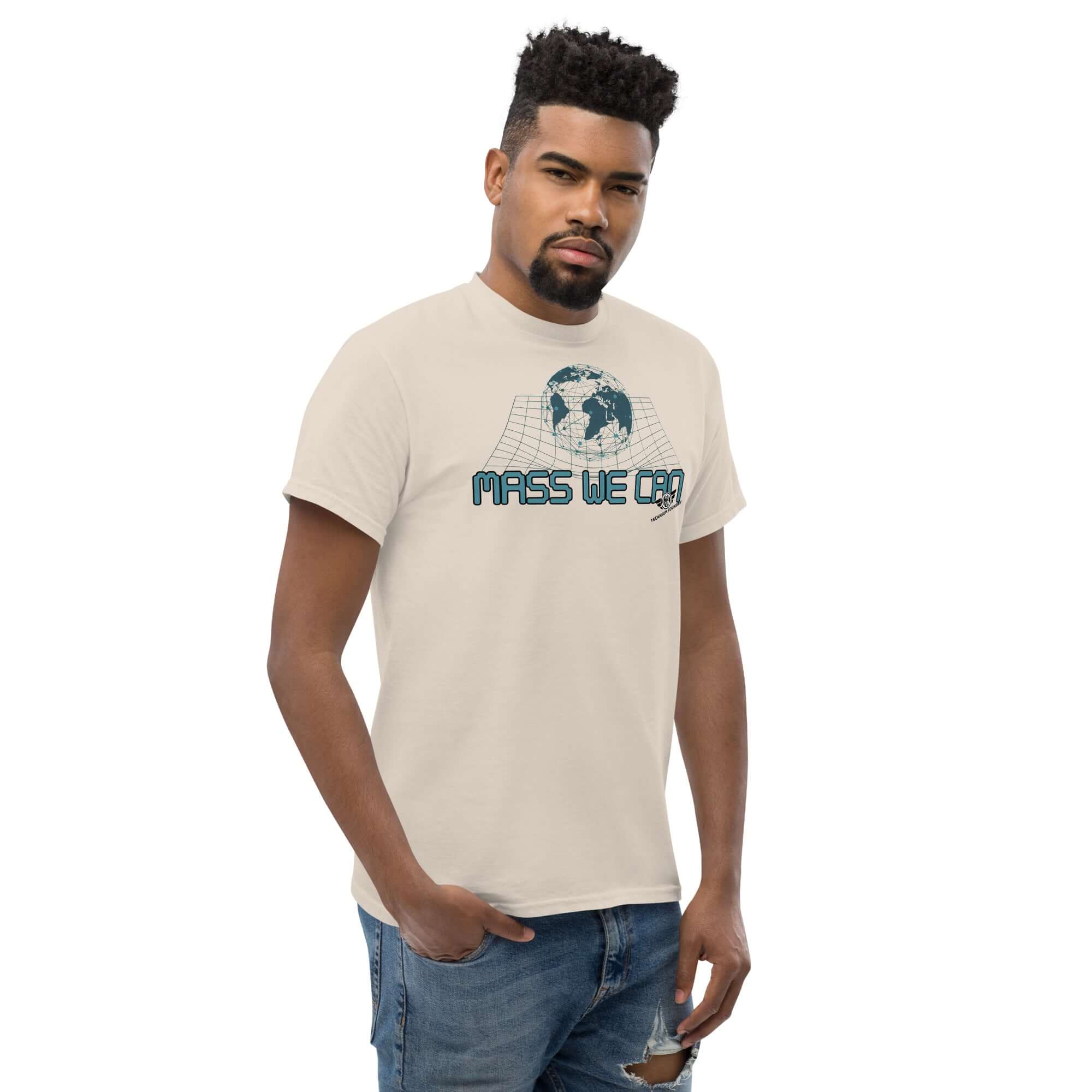 Alt Tag: Man wearing "Mass We Can" T-shirt featuring space-time curvature and relativity graphic humor.