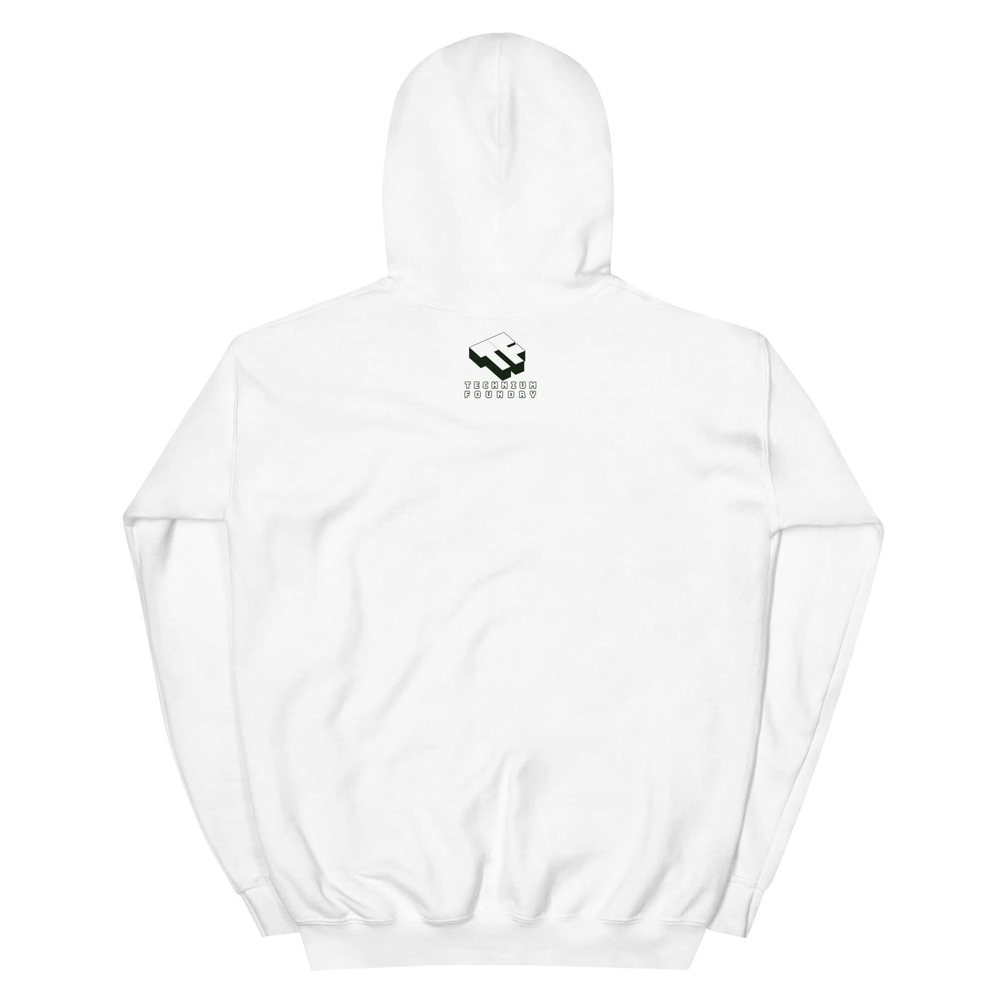 White hoodie with mathematical relationship counseling design by Technium Foundry, back view showing logo.