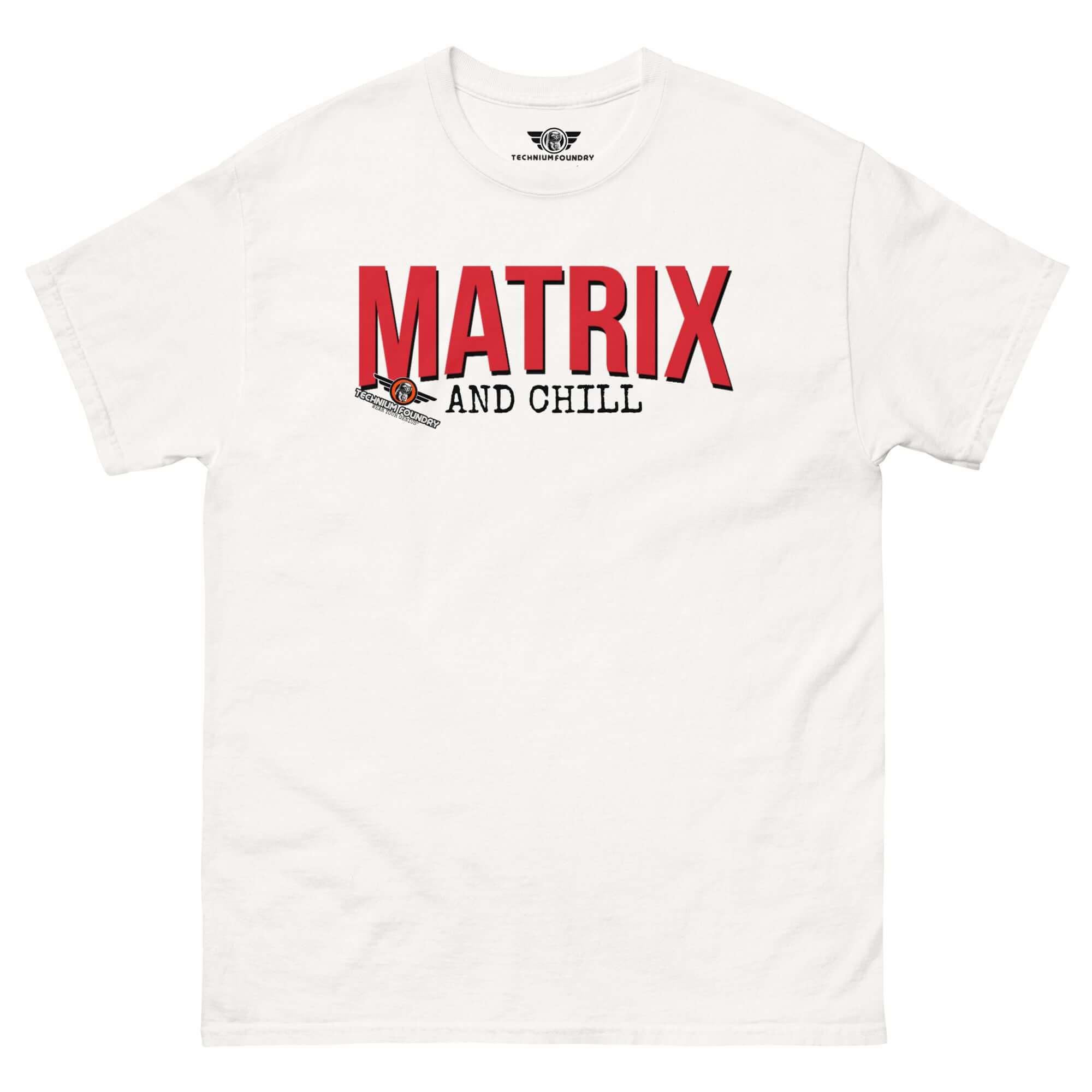 Matrix and Chill Mathematics Parody T-Shirt with bold red typography, perfect for linear algebra humor enthusiasts.
