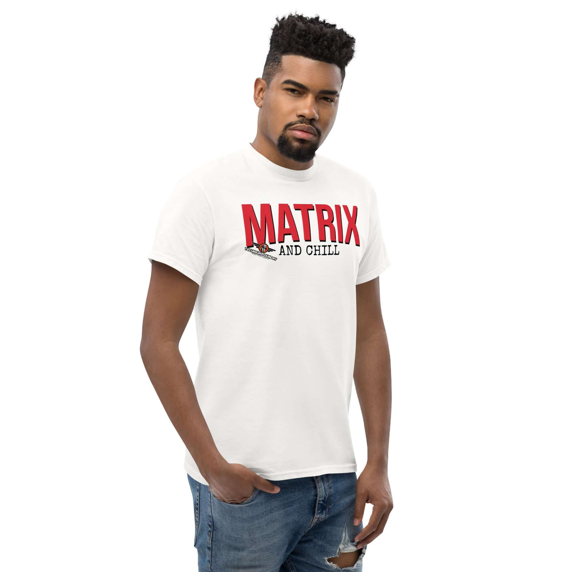 Man wearing Matrix and Chill mathematics parody t-shirt with bold red typography, linear algebra humor, casual look