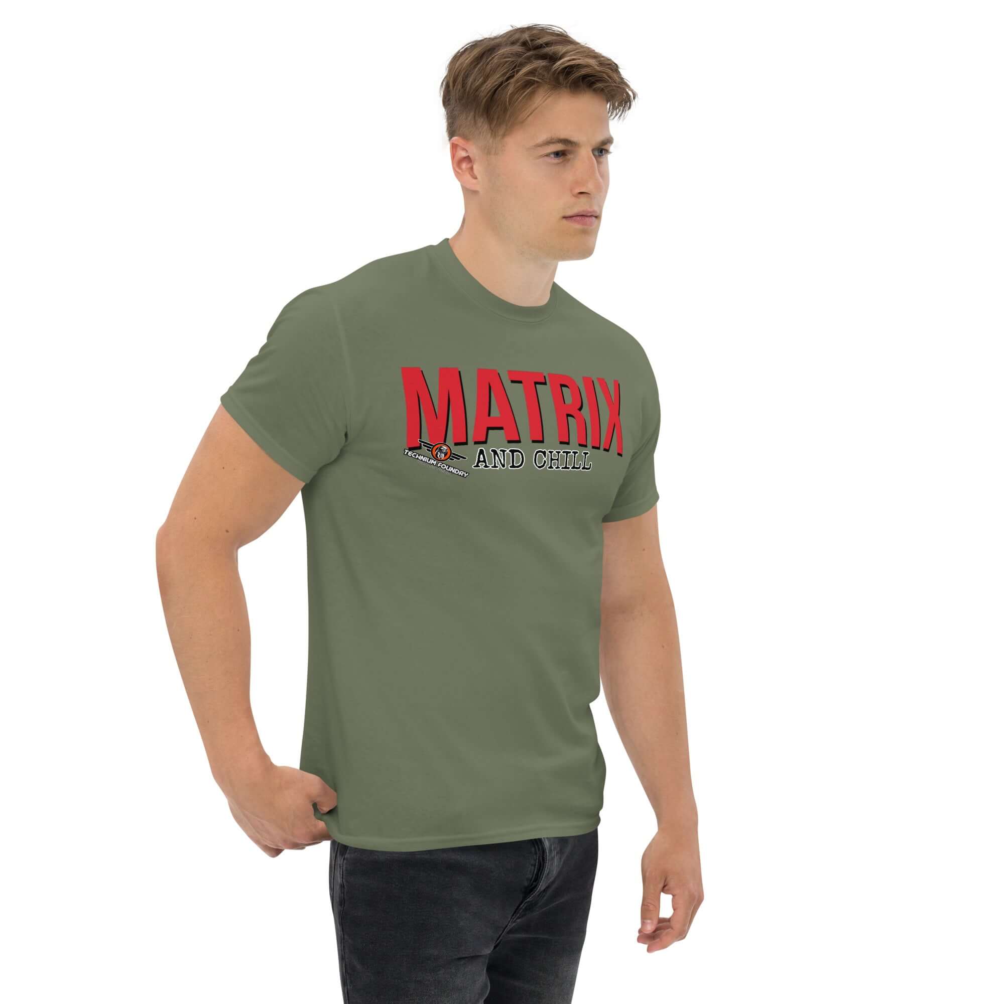 Green Matrix and Chill T-shirt with red typography, perfect blend of comfort and linear algebra humor.
