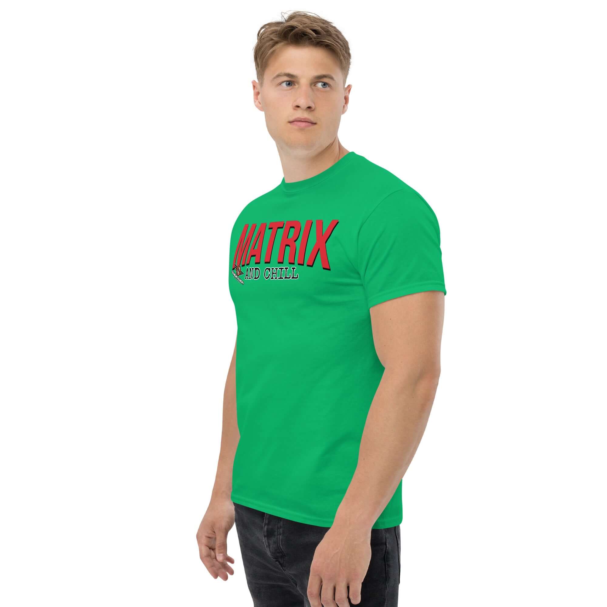 Green Matrix and Chill T-shirt with bold red typography, linear algebra humor, perfect for math enthusiasts.