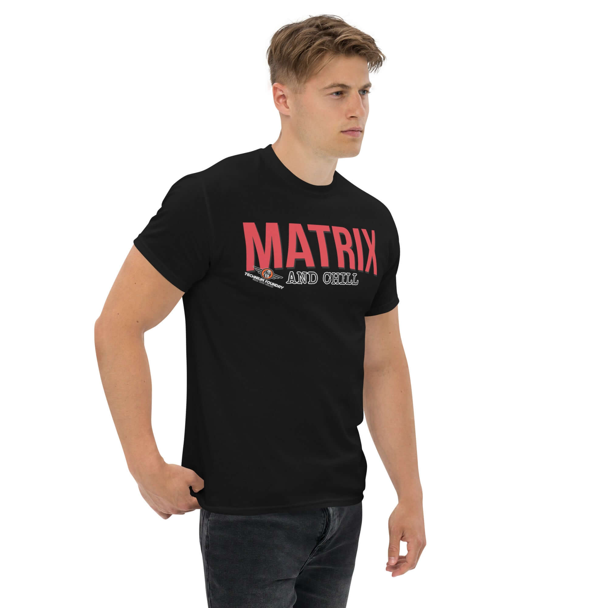 Matrix and Chill Mathematics Parody T-Shirt featuring bold red typography, perfect for fans of linear algebra humor and casual style.