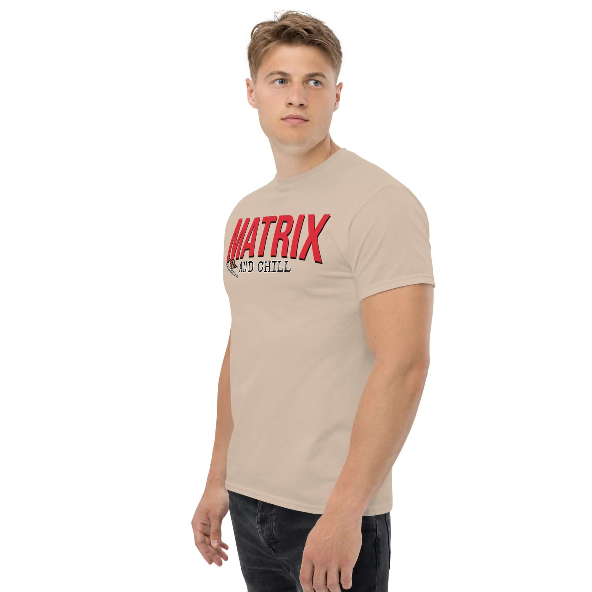 Man wearing Matrix and Chill Mathematics Parody T-Shirt with bold red typography, combining linear algebra humor and casual style.