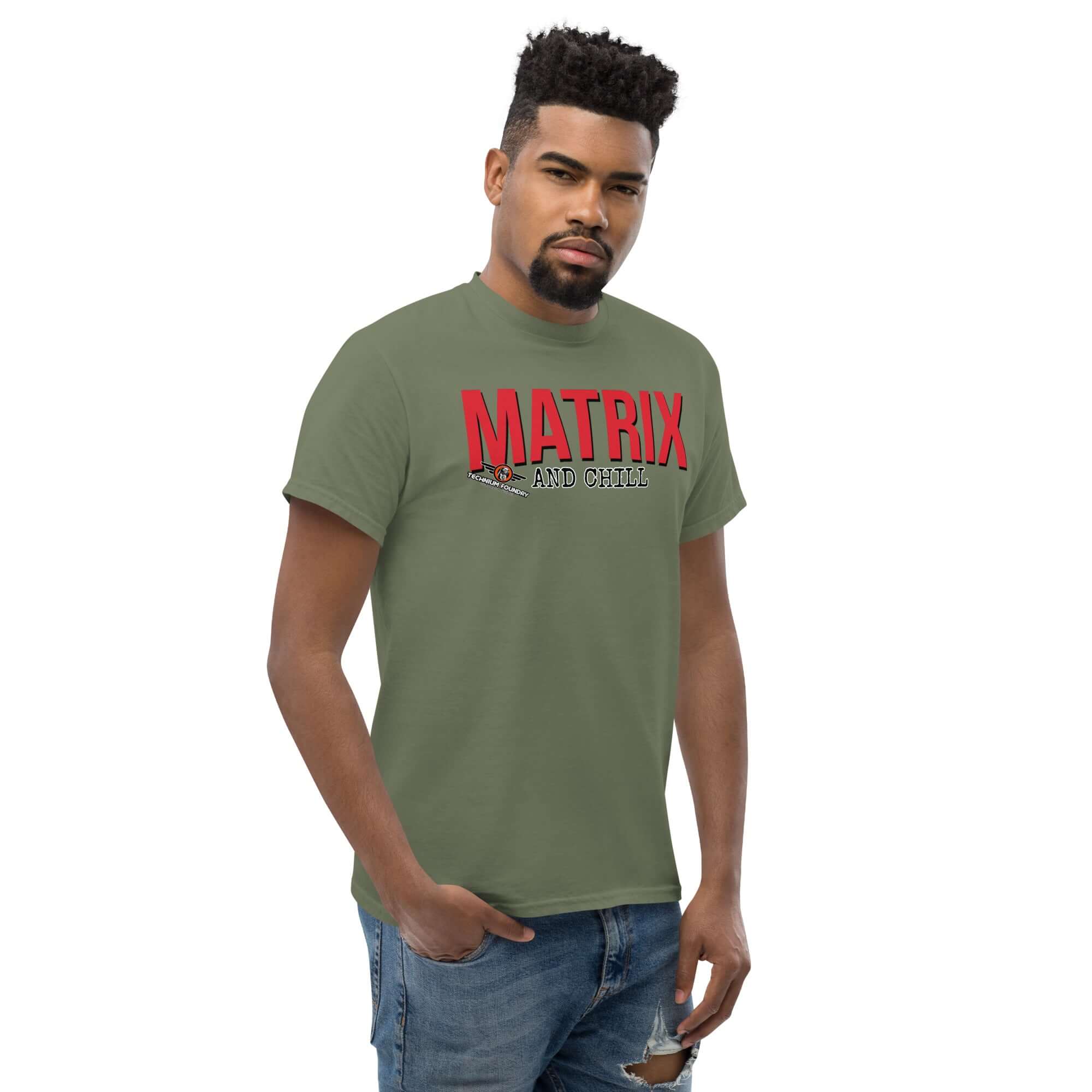 Man wearing "Matrix and Chill" parody t-shirt, featuring bold red typography on green fabric, merging linear algebra with casual style.