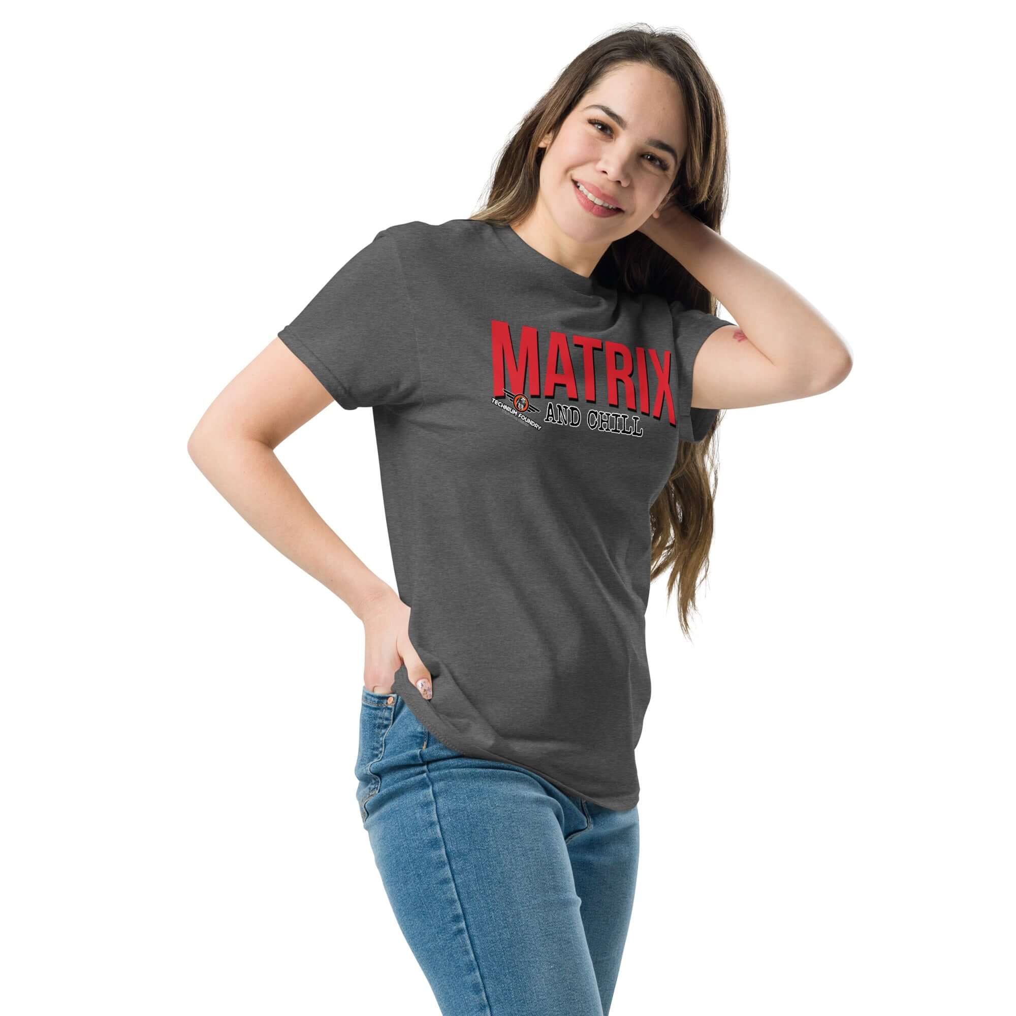 Woman wearing Matrix and Chill mathematics parody t-shirt, featuring bold red typography, combining linear algebra humor with casual style.