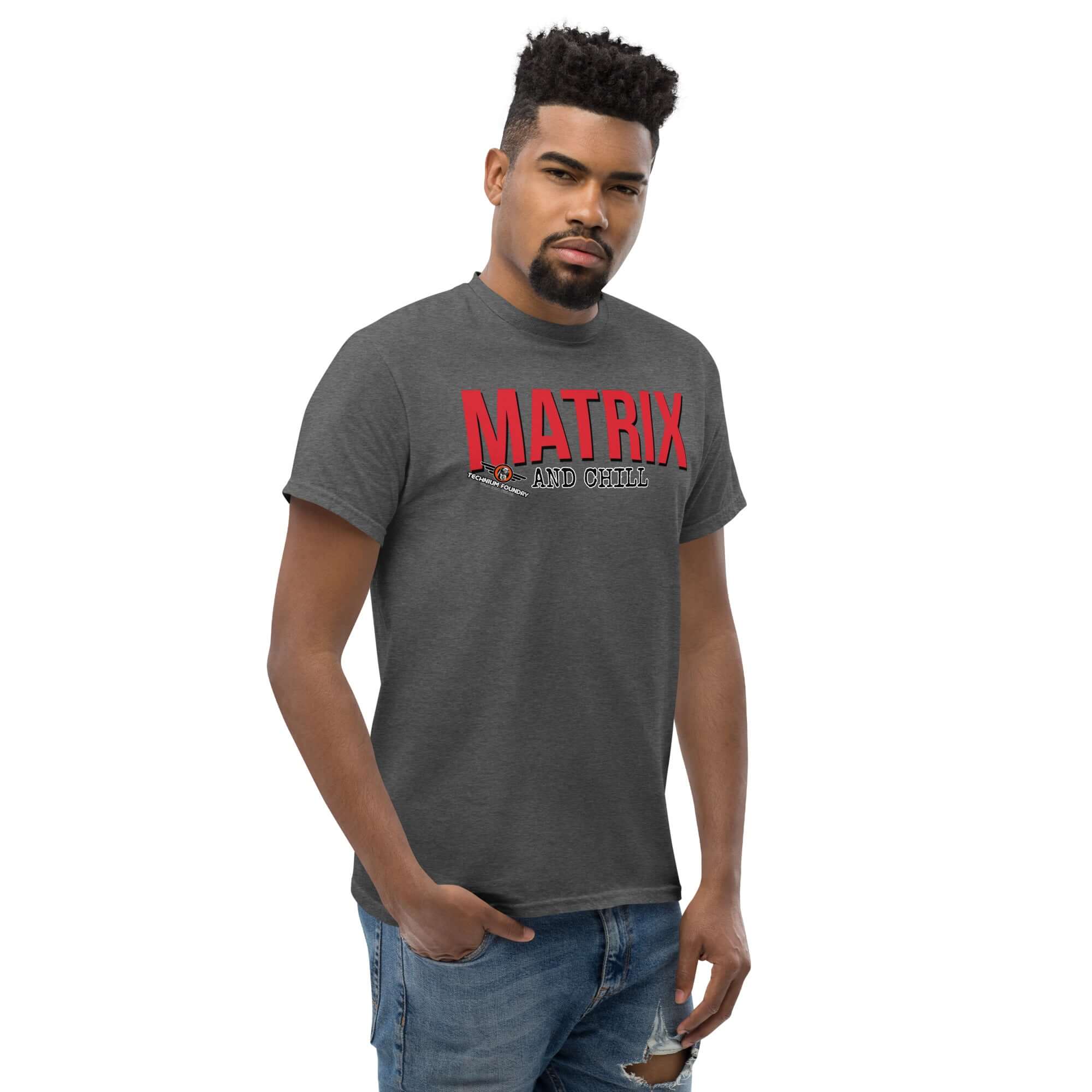 Matrix and Chill T-Shirt featuring bold red text, perfect for math enthusiasts with a sense of humor and love for linear algebra.
