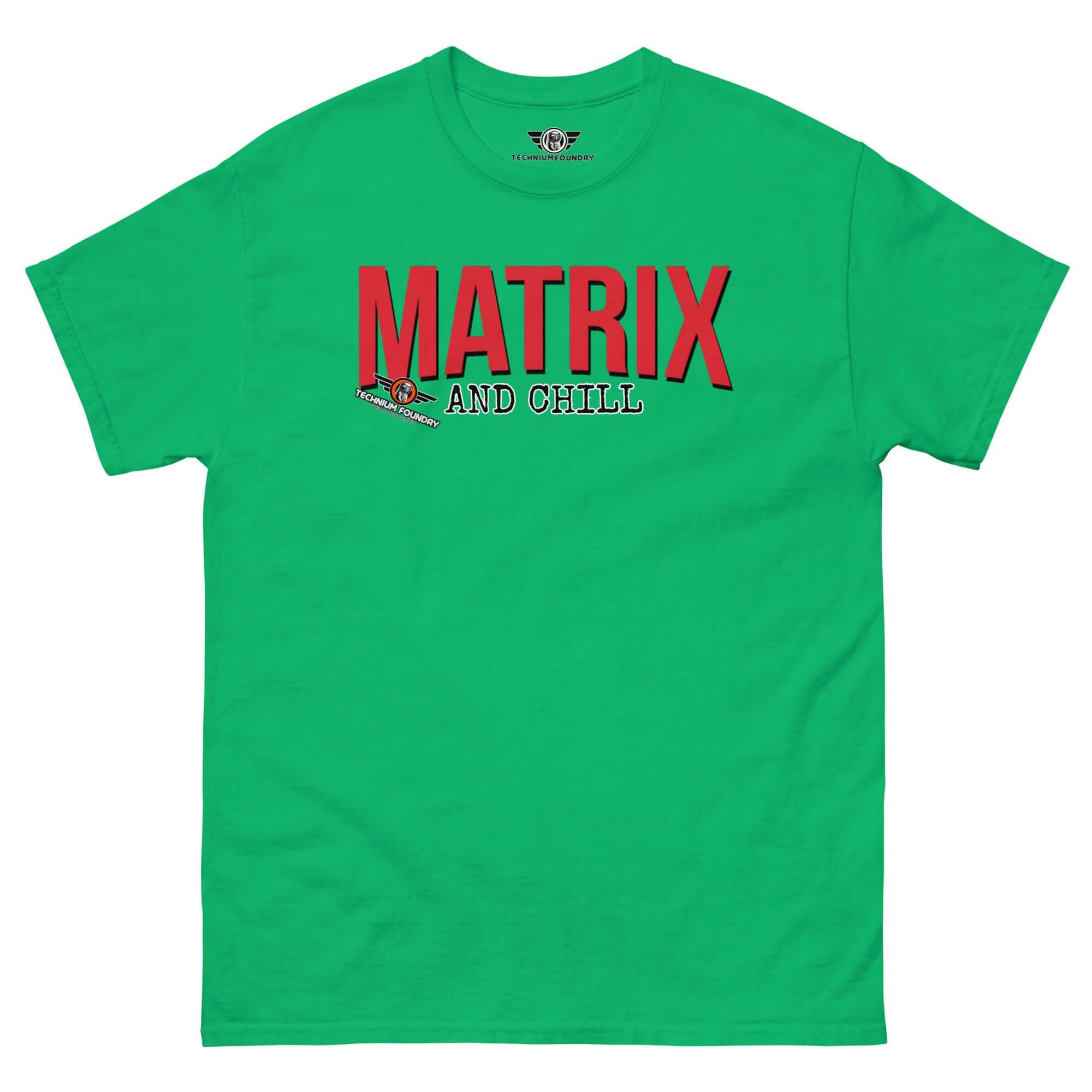 Matrix and Chill mathematics parody t-shirt with bold red typography, perfect for linear algebra enthusiasts.
