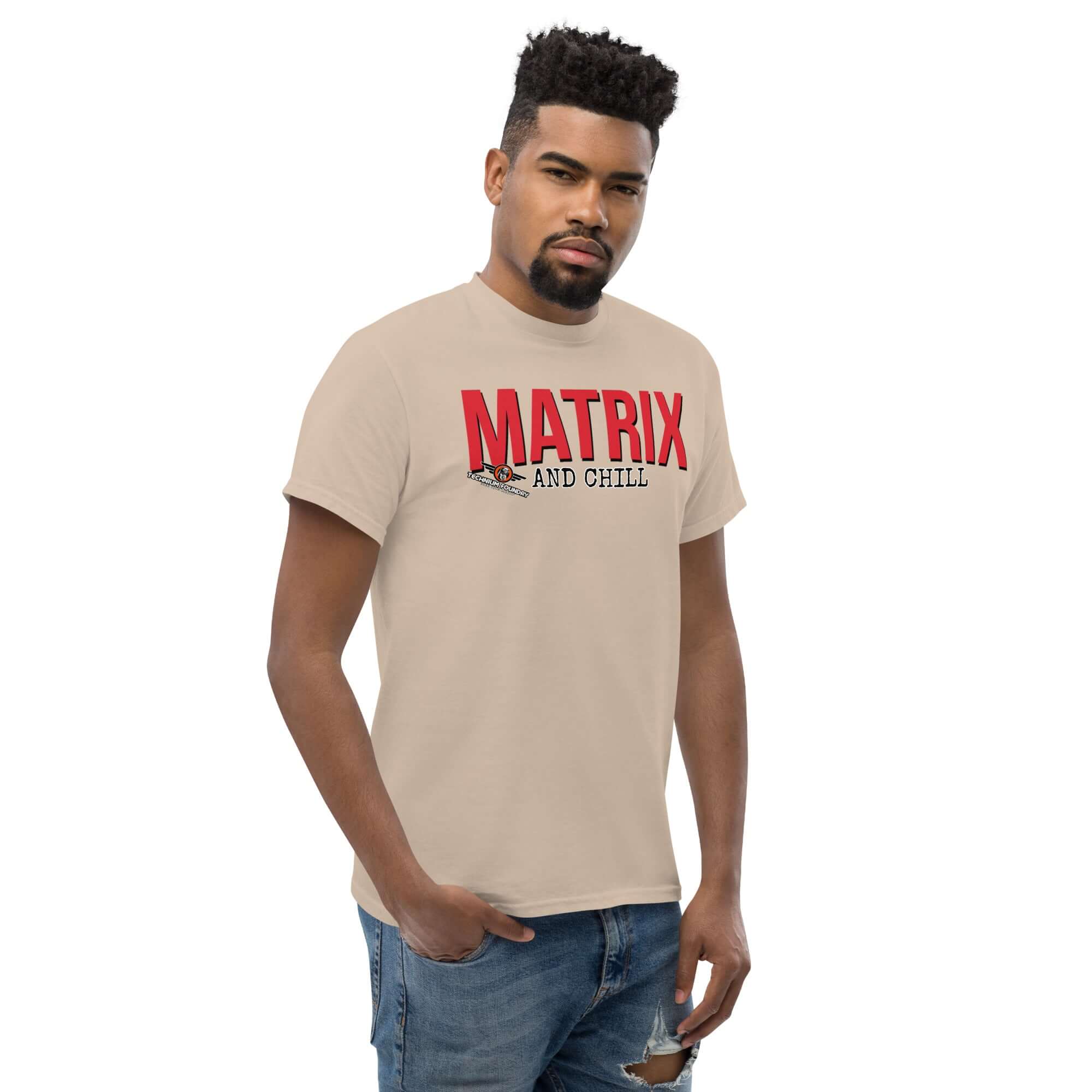 Matrix and Chill parody t-shirt with bold red text, featuring linear algebra humor for math enthusiasts. Perfect for casual wear.