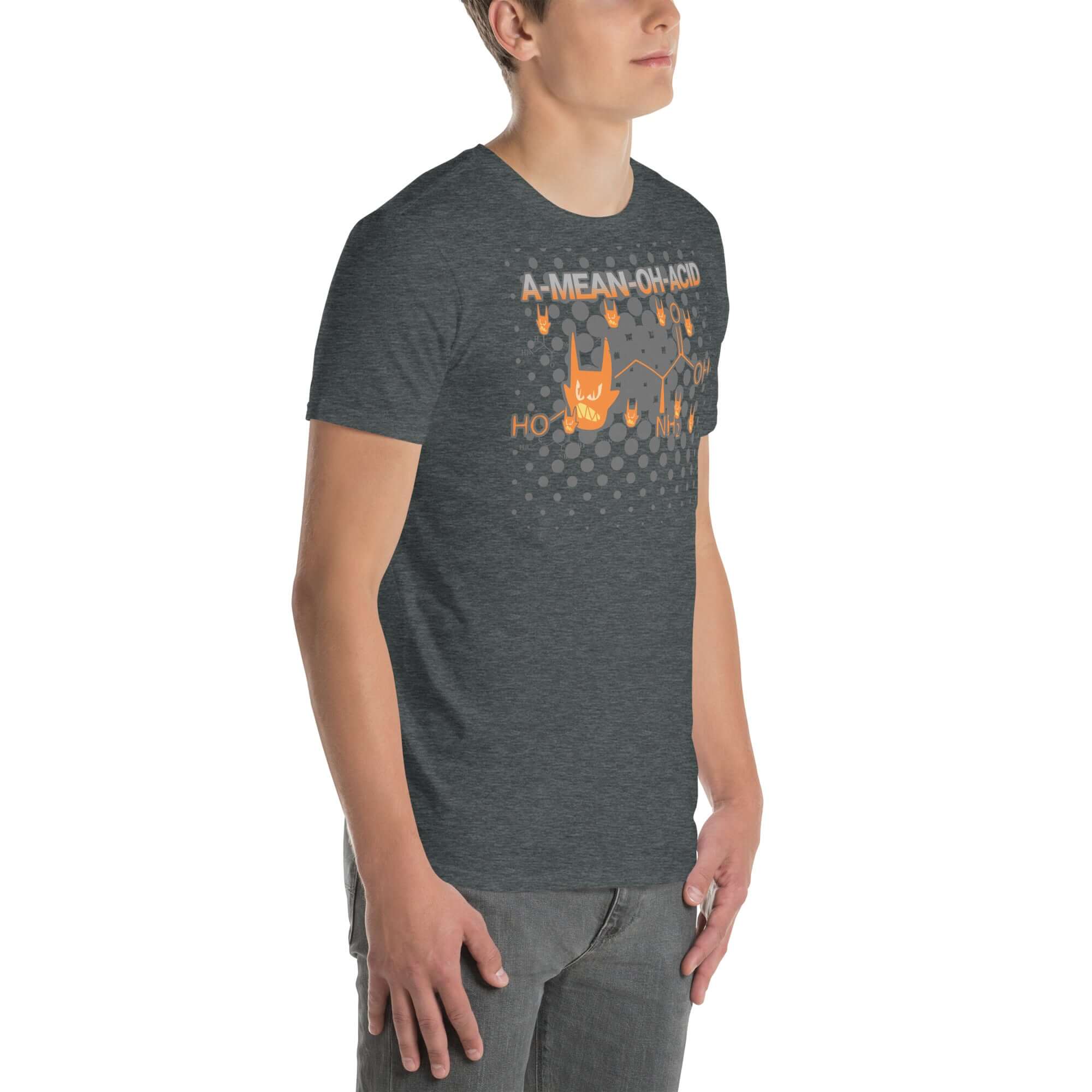 A Mean Oh Acid t-shirt featuring rockstar amino acid design, combining humor and chemistry with metal-inspired graphics.