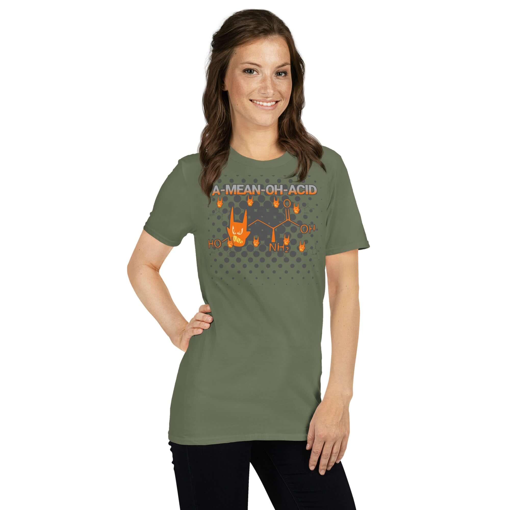 Woman wearing green t-shirt with rock 'n' roll amino acid design, featuring devil horns and chemical structure.