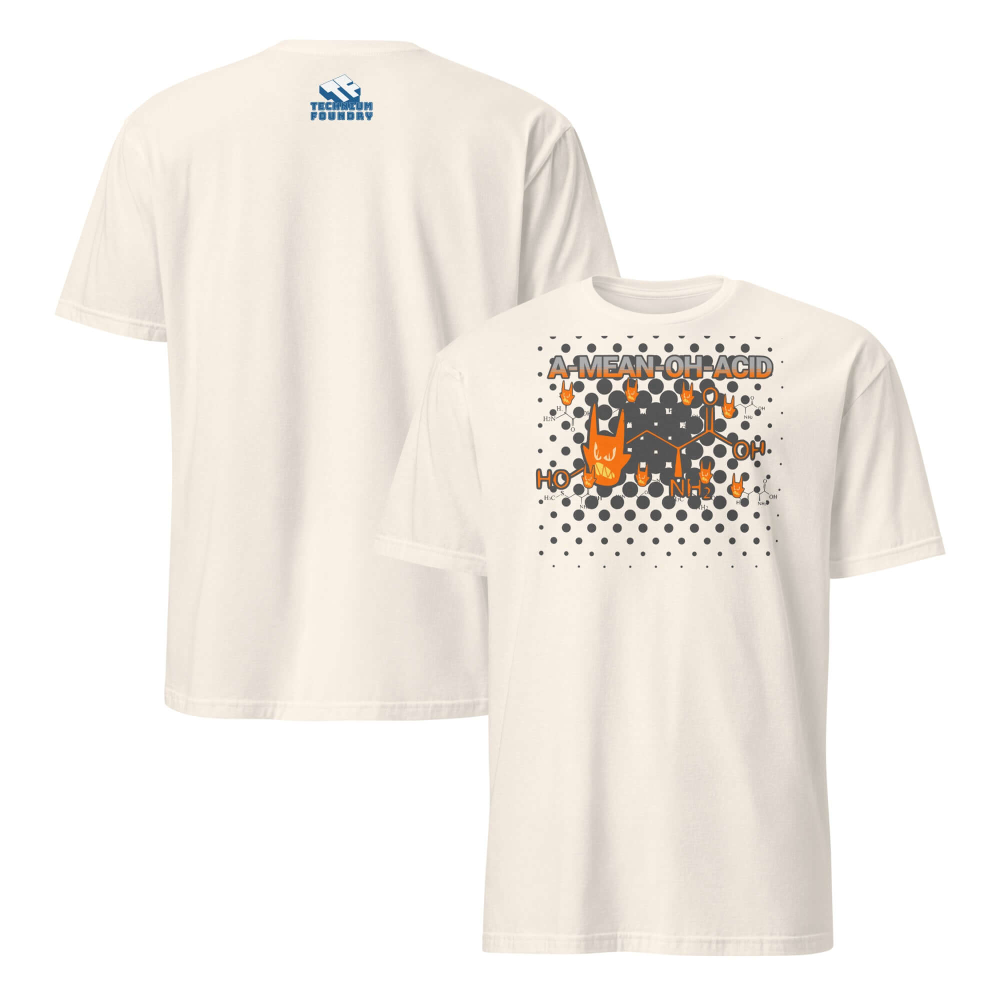 A Mean Oh Acid T-Shirt featuring rock 'n' roll amino acid chemistry humor design with devil horns.