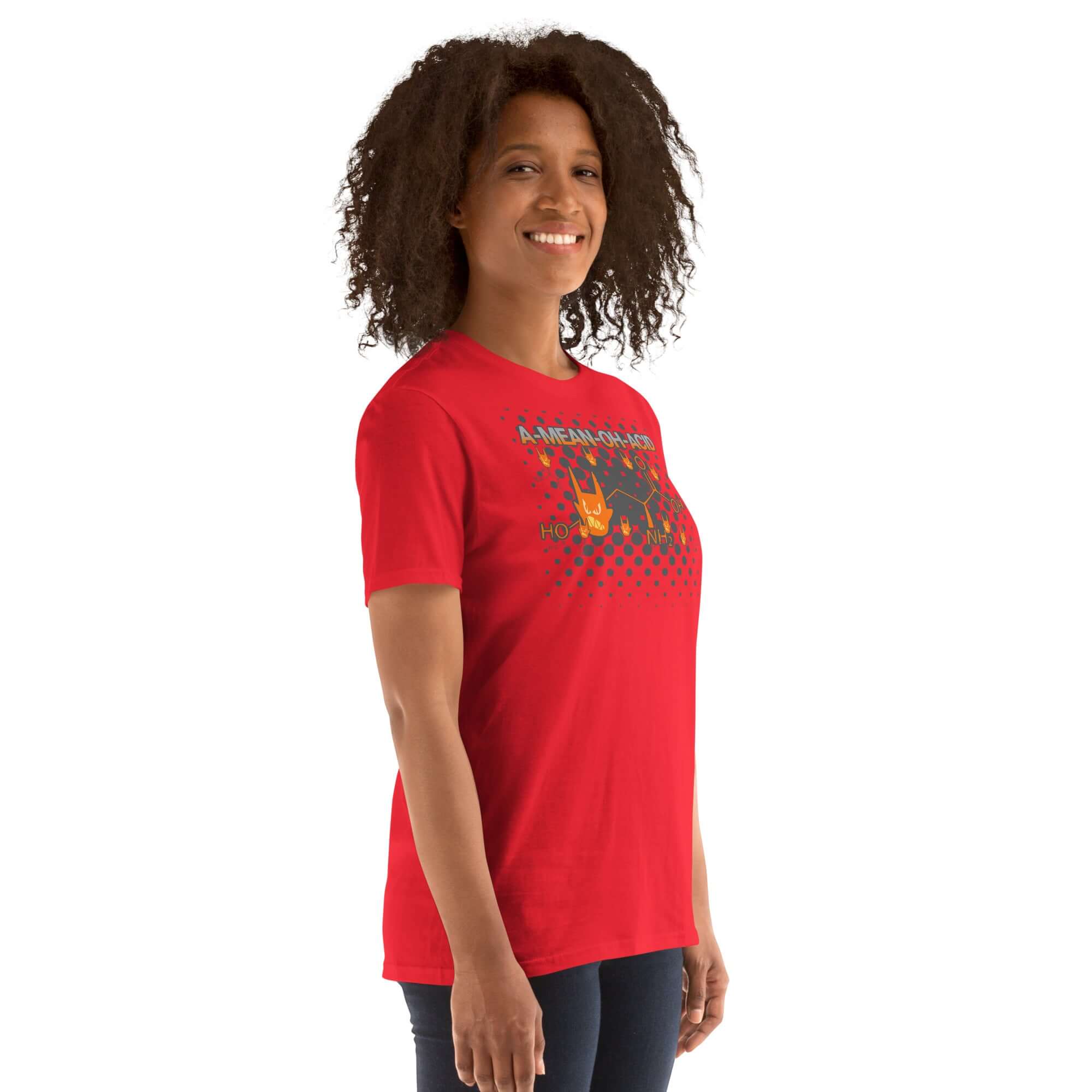 Woman wearing red 'A Mean Oh Acid' t-shirt with rock and roll amino acid graphic, blending chemistry humor and music attitude.