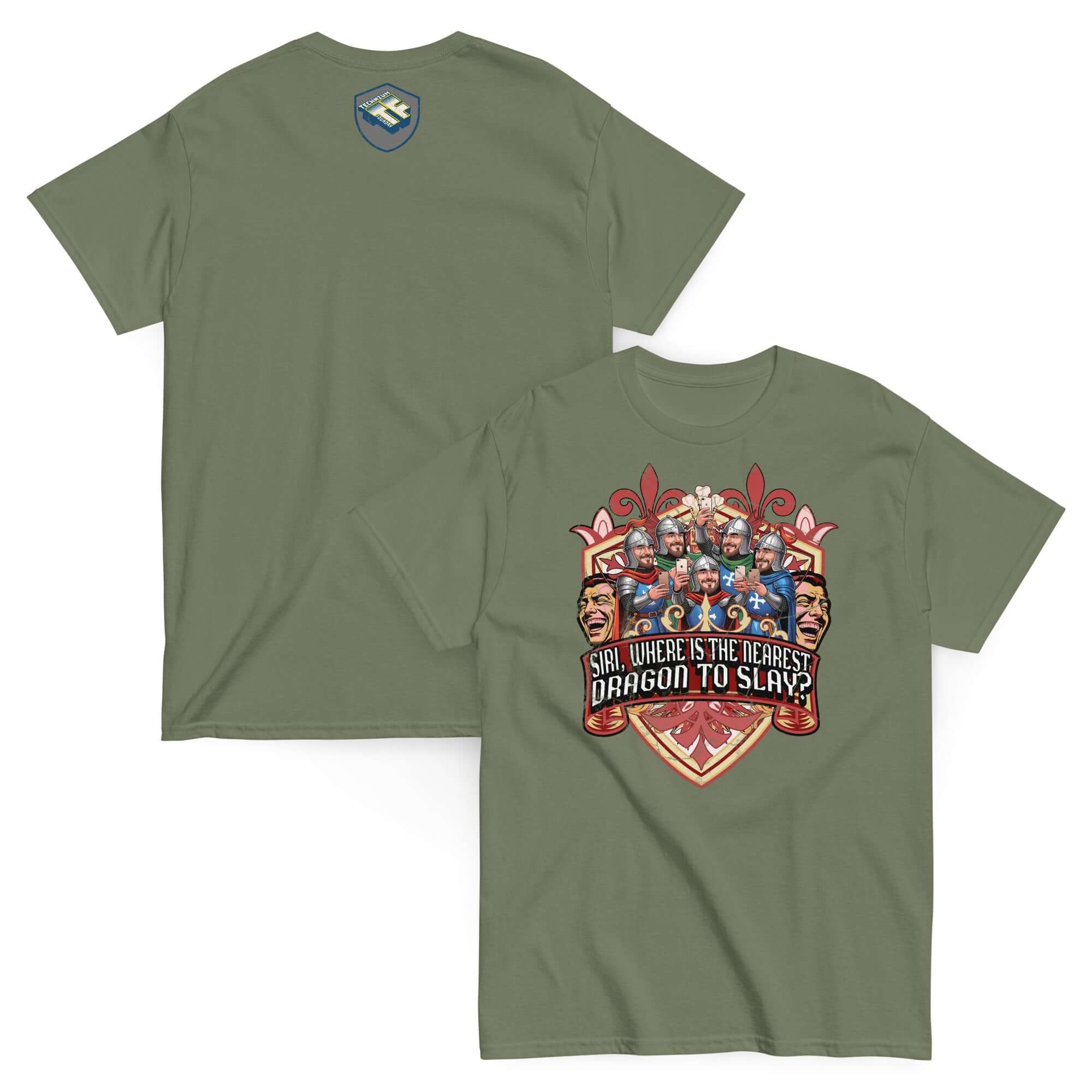 Medieval iPhone T-Shirt with knights holding smartphones and text 'Siri, Where Is The Nearest Dragon To Slay?' on olive green fabric.