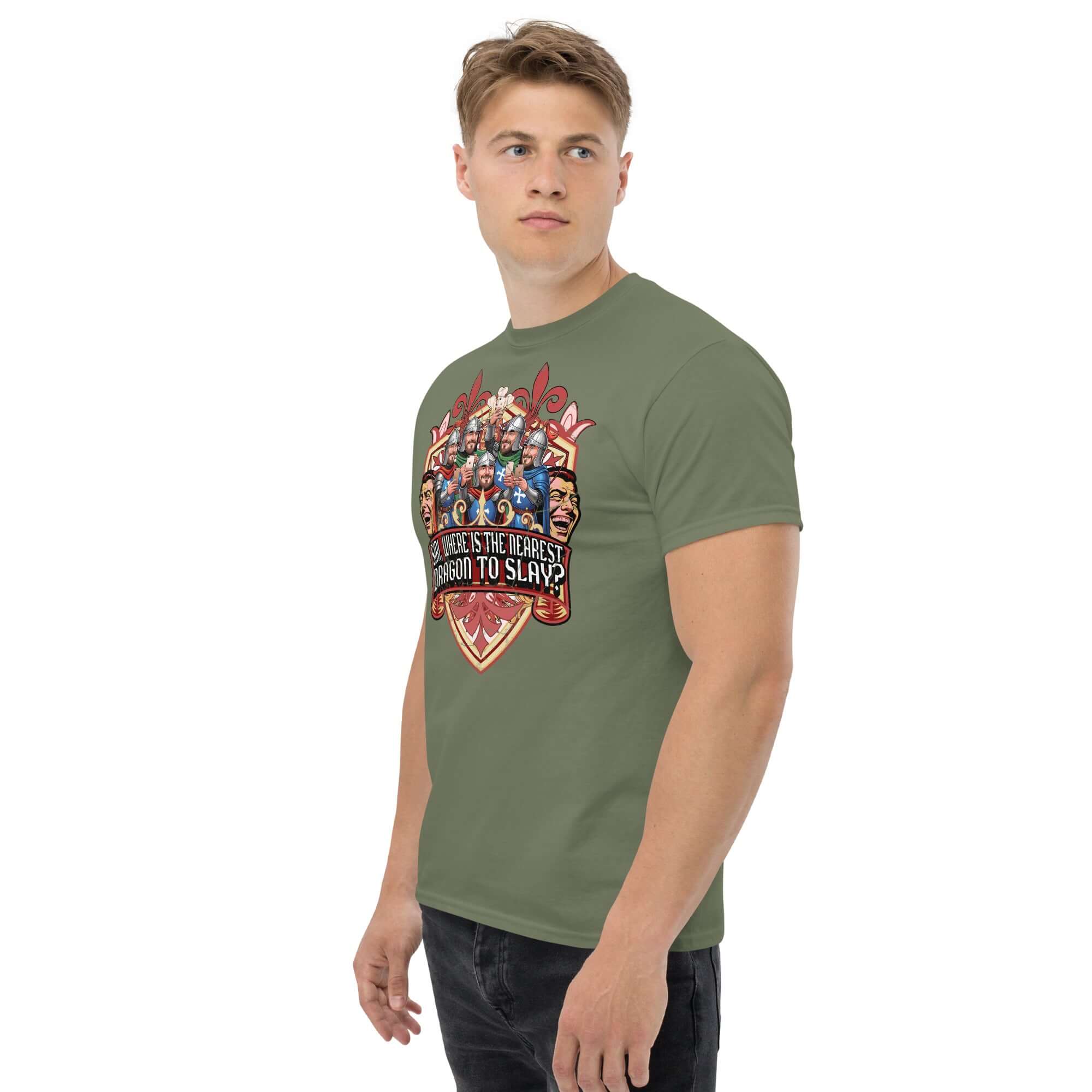 Model wearing green t-shirt with medieval knights and text 'SIRI, WHERE IS THE NEAREST DRAGON TO SLAY?' design.
