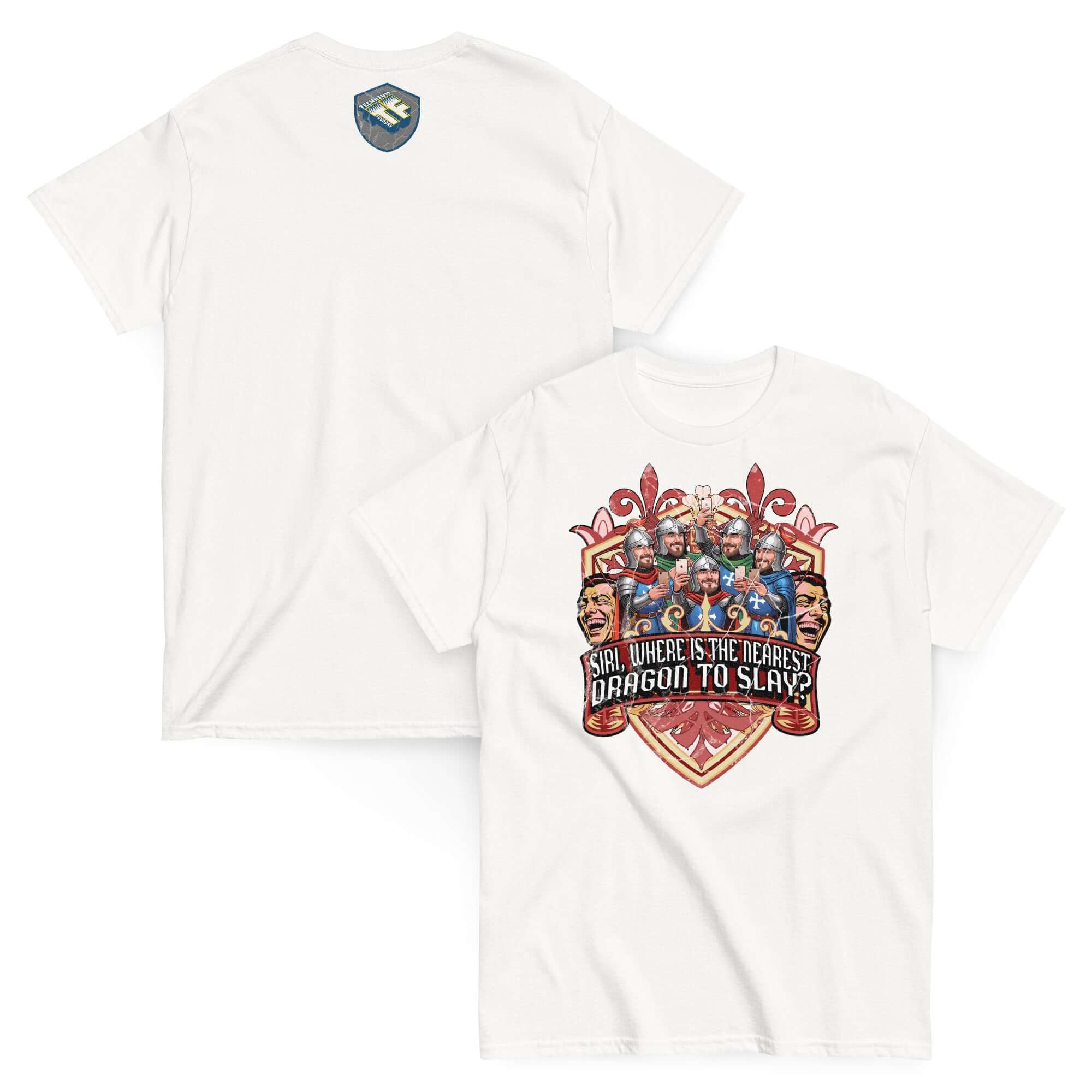 Medieval iPhone T-Shirt featuring knights with smartphones on a heraldic shield and text "SIRI, WHERE IS THE NEAREST DRAGON TO SLAY?"