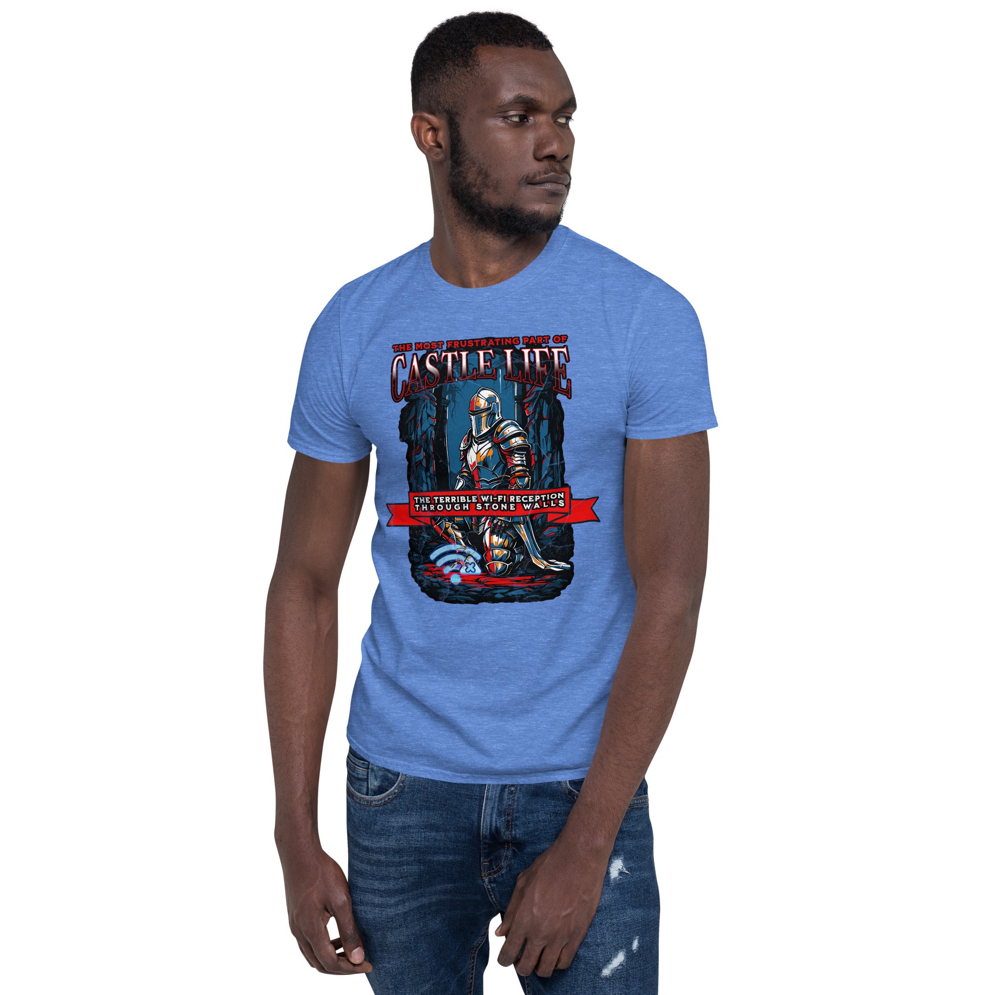 Blue t-shirt featuring medieval knight with "The Most Frustrating Part of Castle Life" design and humor about Wi-Fi reception through stone walls.