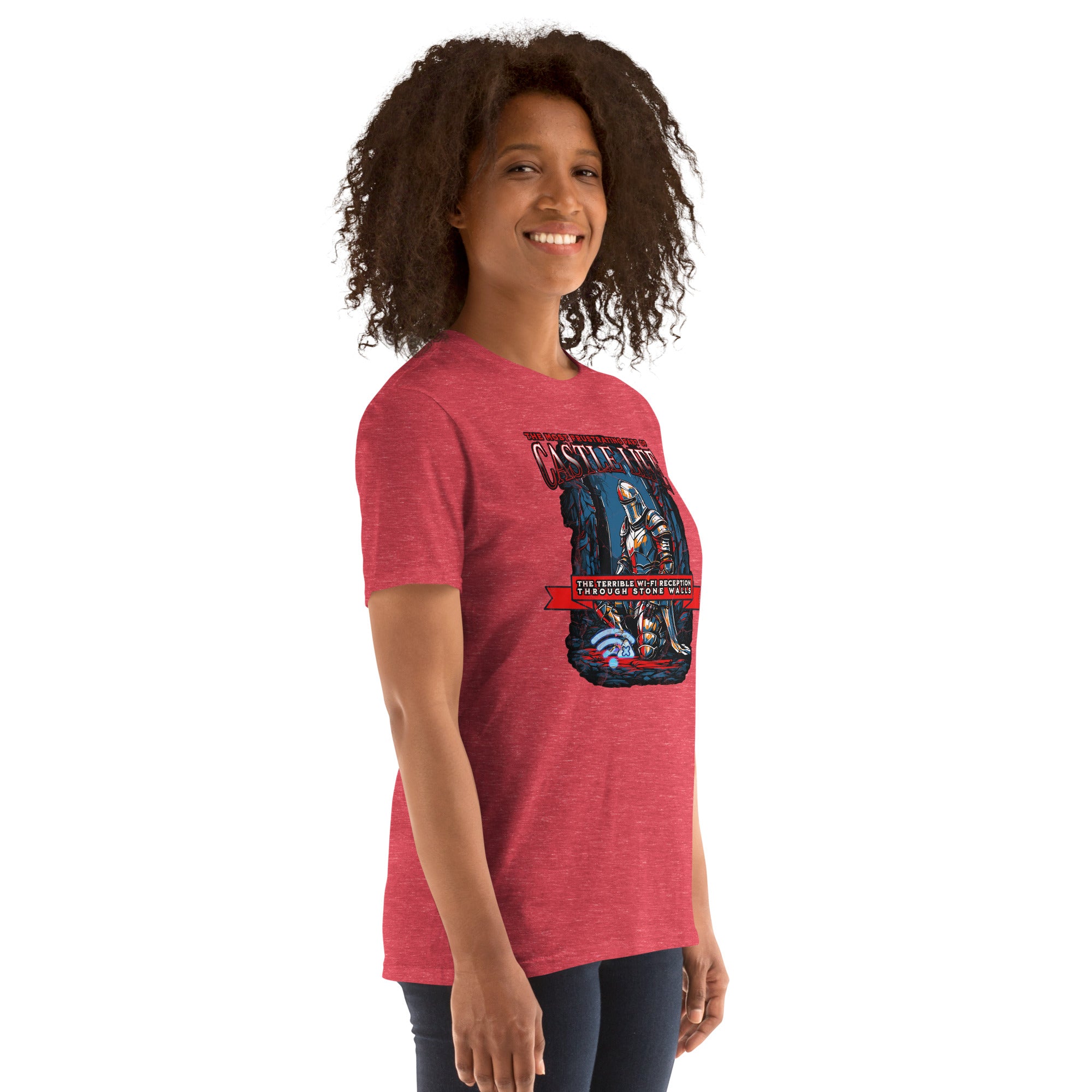 Woman wearing a red T-shirt with knight in armor and humorous medieval Wi-Fi design, encapsulating castle life irony.