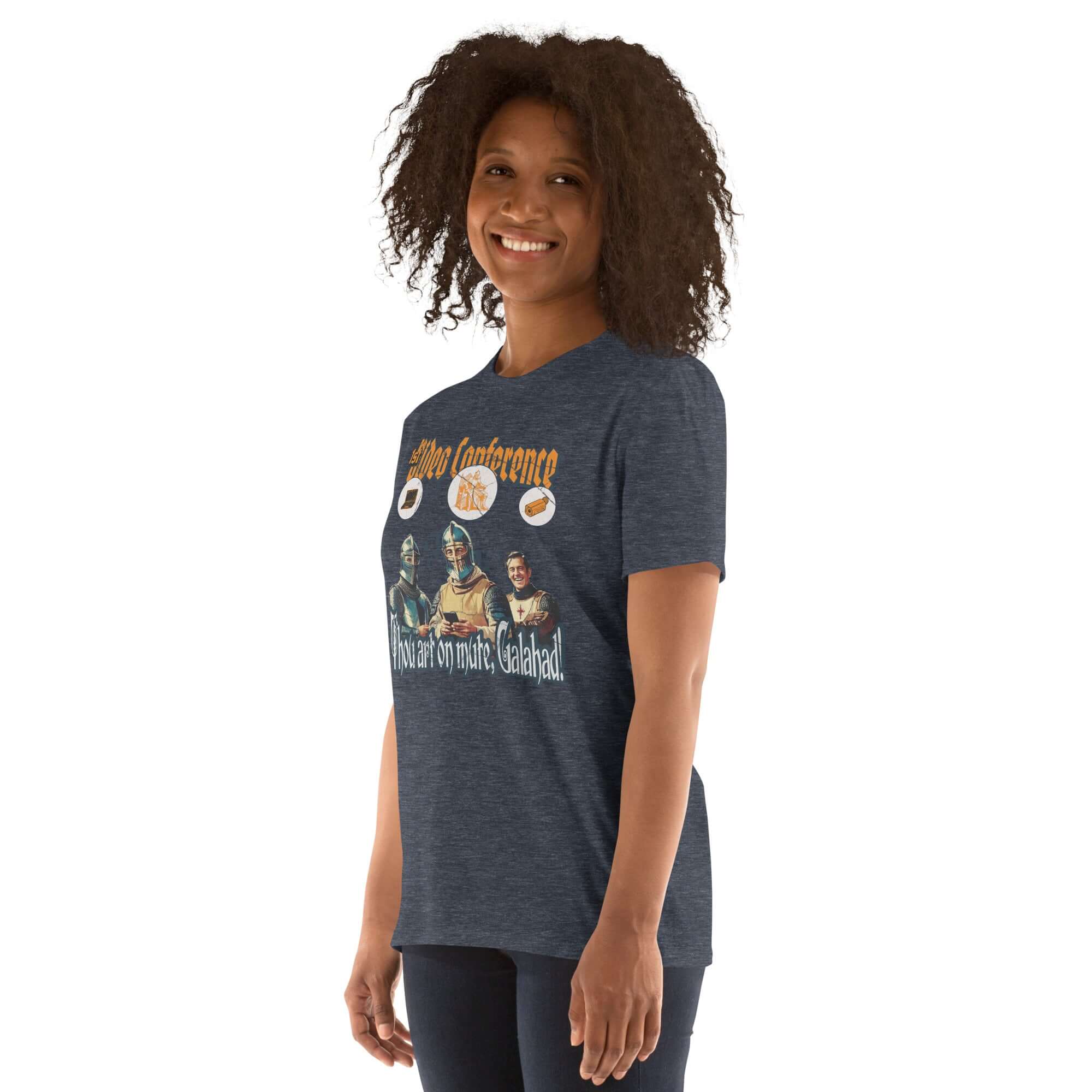 Model wearing 1st Video Conference T-Shirt with medieval Zoom humor, featuring knights and "Thou Art On Mute, Galahad" text.