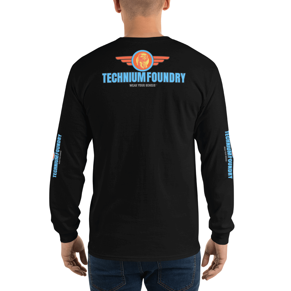 Alt Tag: Person wearing a black long sleeve shirt with Technium Foundry logo and vibrant graphics on the back and sleeves.