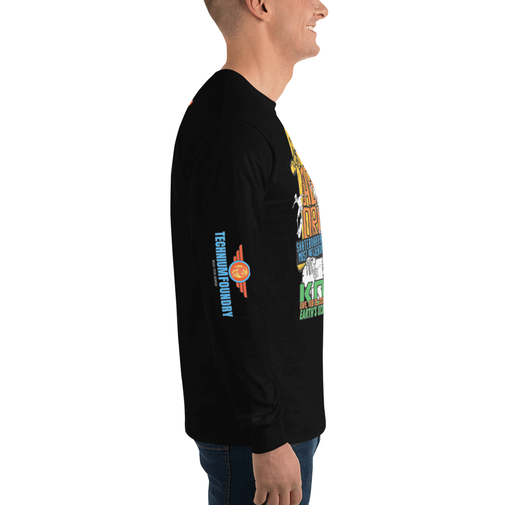 Man wearing Kona Agent Orange long sleeve skateboarding t-shirt featuring vintage surf-style graphics in side view.