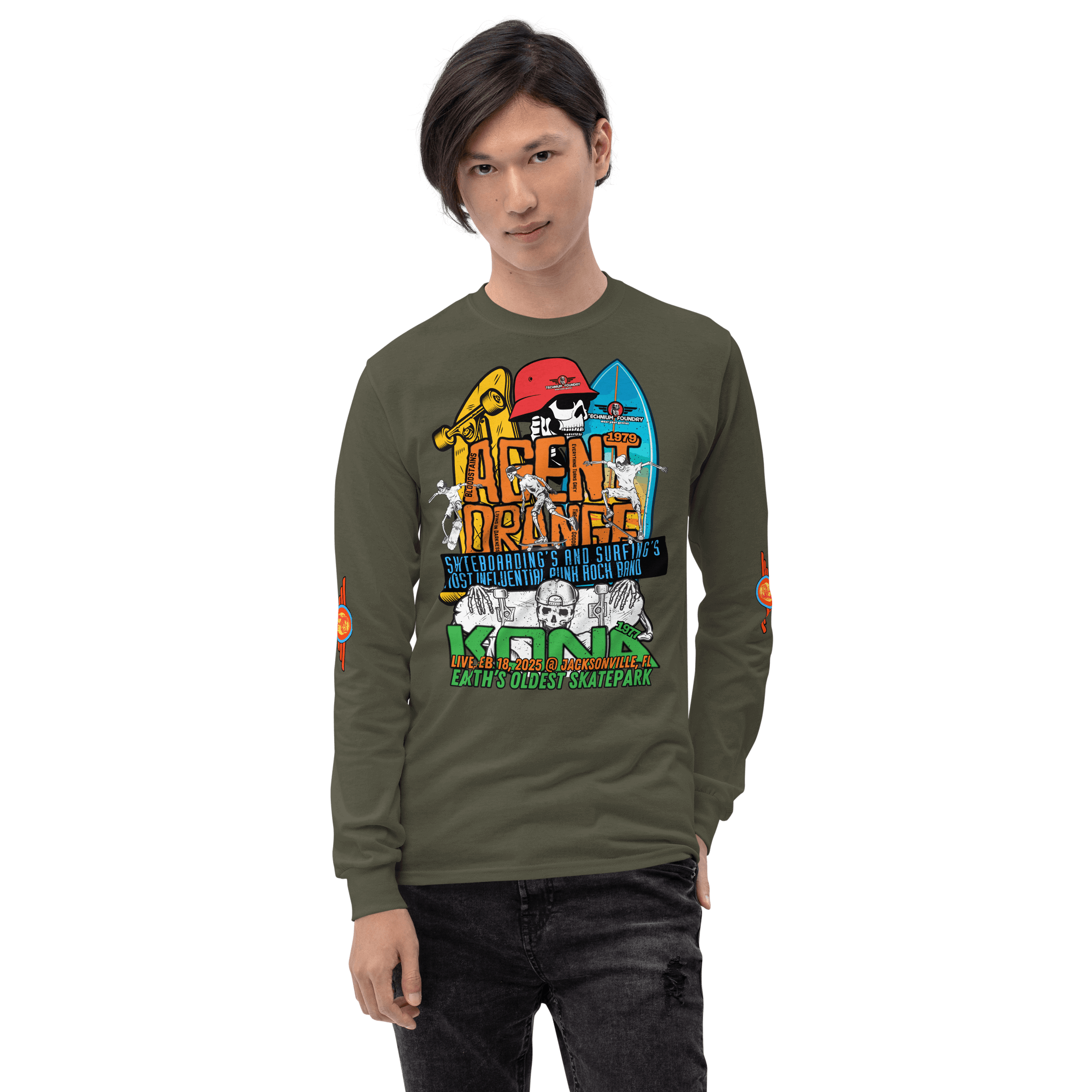 Agent Orange Kona long sleeve skateboarding event shirt featuring vintage surf-style graphics and colorful skatepark tribute.