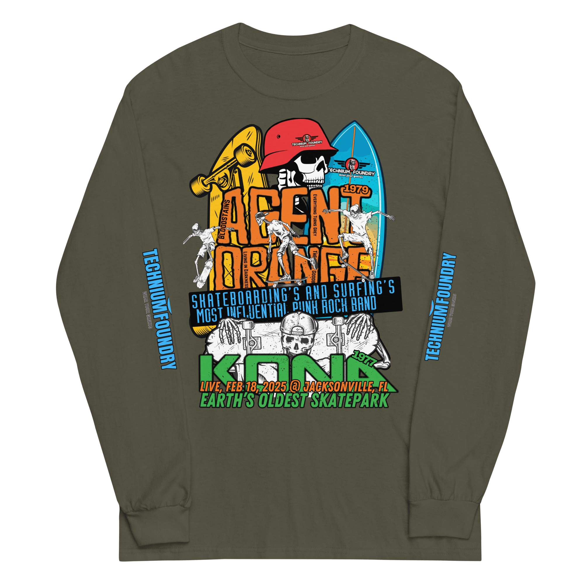 Agent Orange skateboarding event t-shirt featuring vintage surf-style graphics and colorful panels at Earth's oldest skatepark.