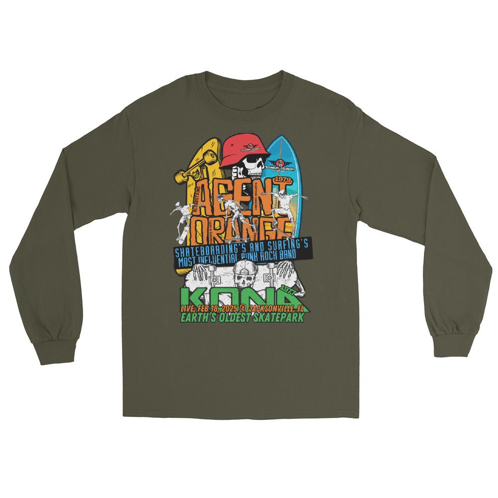 Agent Orange Kona long sleeve t-shirt with vintage skateboarding graphics celebrating Earth's oldest skatepark.