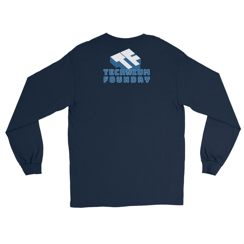 Navy long sleeve shirt with "Technum Foundry" logo on back, retro-style design.